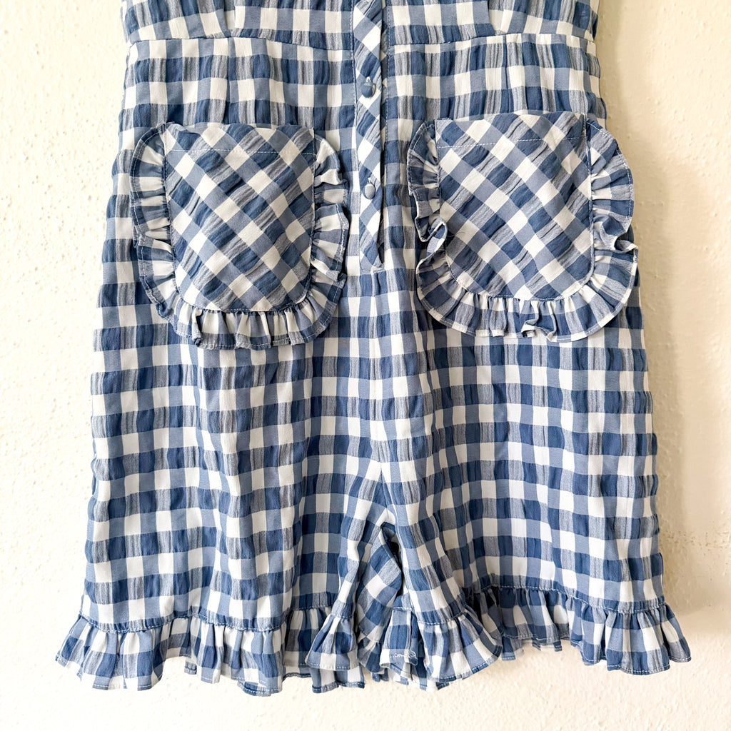 Sister Jane Blue Gingham Ruffle Patch Pocket Romper | XS