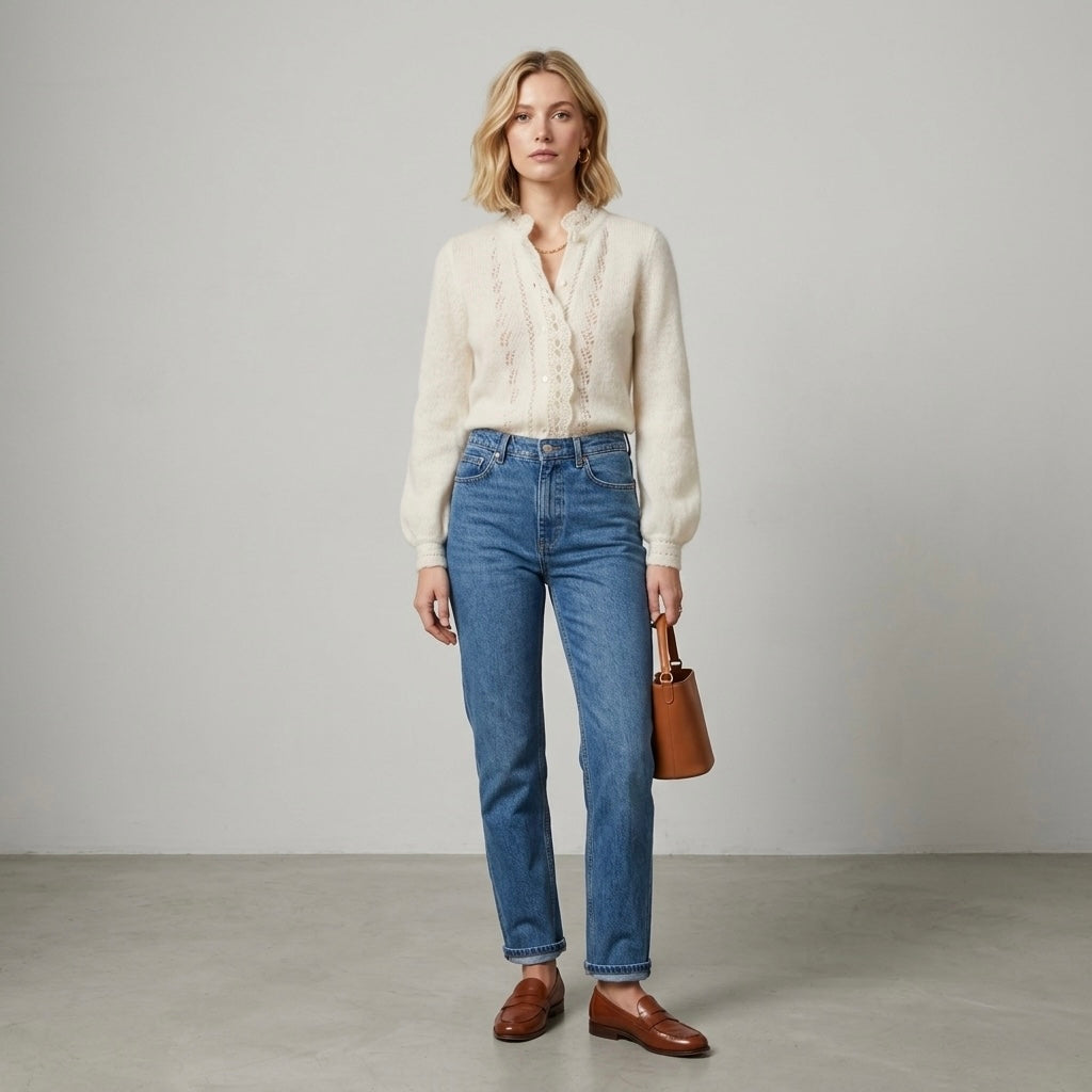 Sézane Angie Mohair Merino Wool Button Down Cardigan in Ecru | XXS
