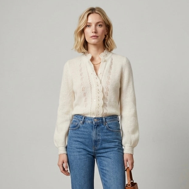 Sézane Angie Mohair Merino Wool Button Down Cardigan in Ecru | XXS
