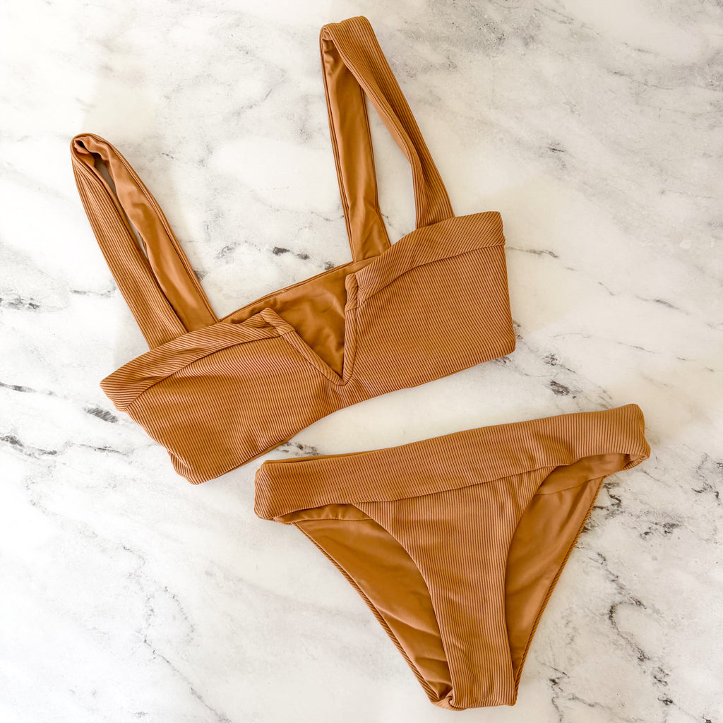 Ribbed V-Notched Bikini Top + Low Rise Bikini Bottoms in Camel | XS
