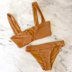 Ribbed V-Notched Bikini Top + Low Rise Bikini Bottoms in Camel | XS