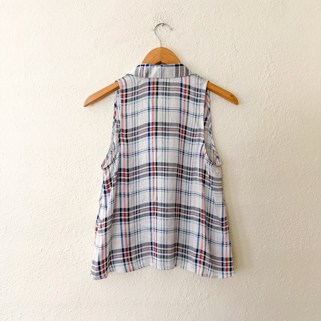 Equipment Femme Mina 100% Silk Red & Blue Plaid Button Down Sleeveless Shirt | XS