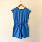 Womens Blue Throw & Go Shortsie Dupe Knit Muscle Sleeve Top Romper | Sm