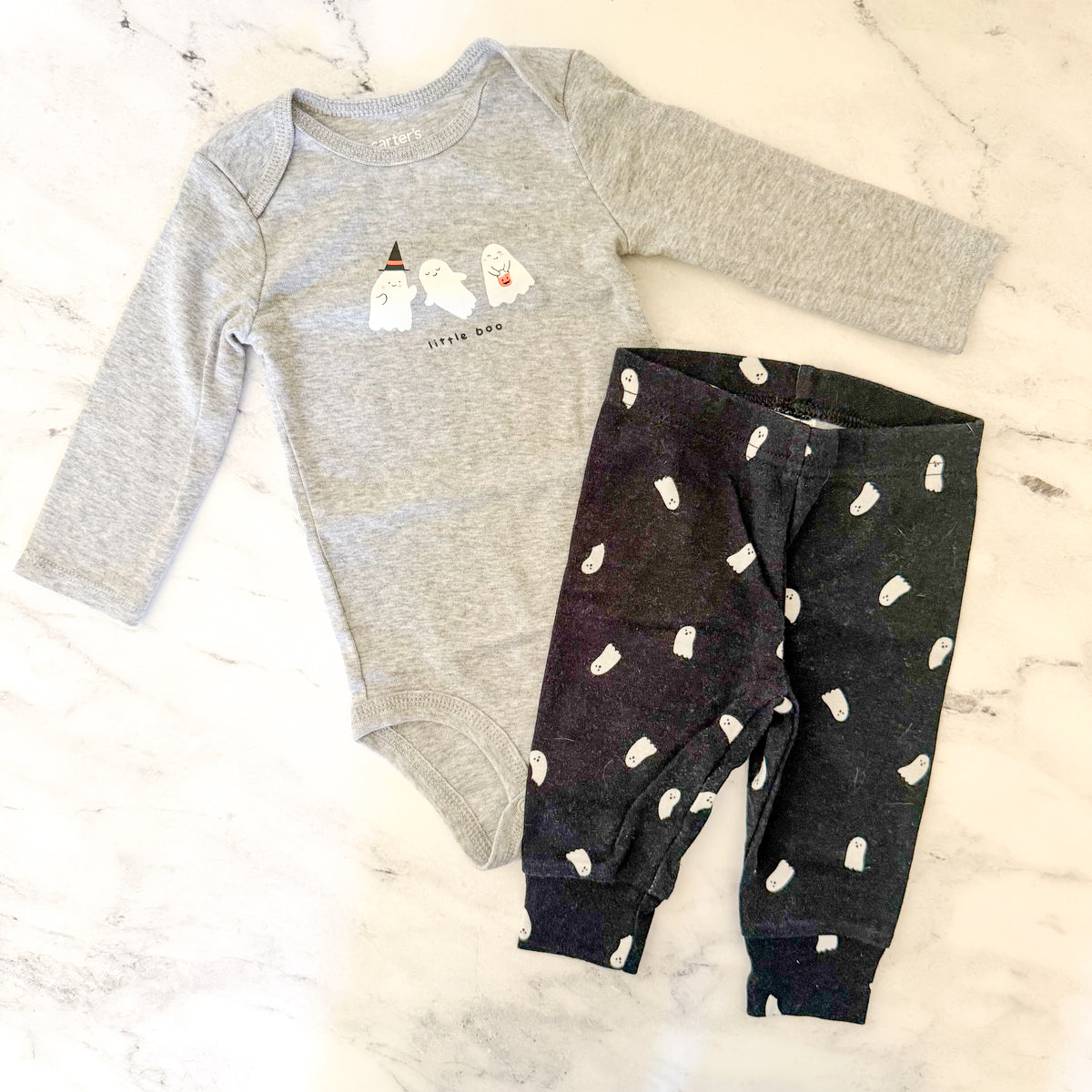 Carter's Grey Halloween Ghosts Long Sleeve Tee Black Ghost Legging Set | 3-6m