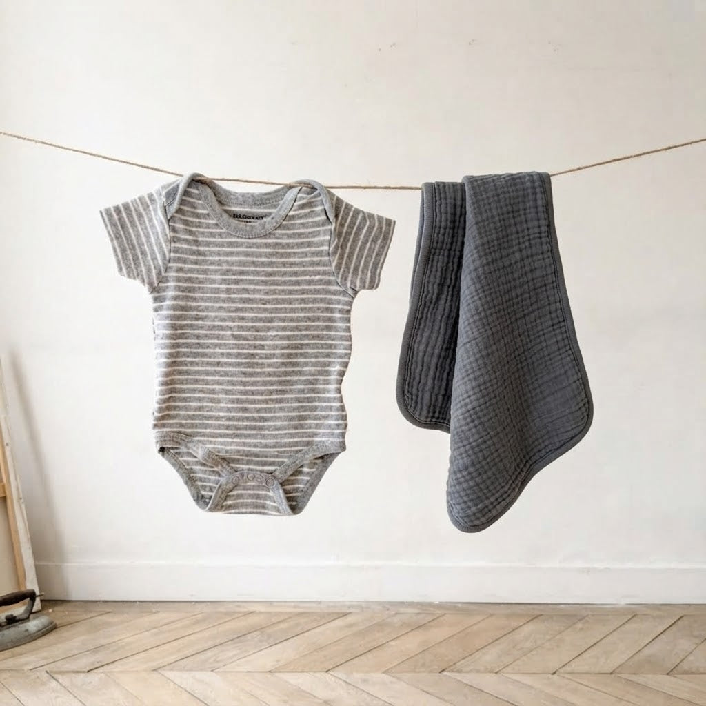 Kiddiezoom Grey White Stripe Bodysuit + Cloud Island Charcoal Gauze Burp Cloth Bundle | 3-6m