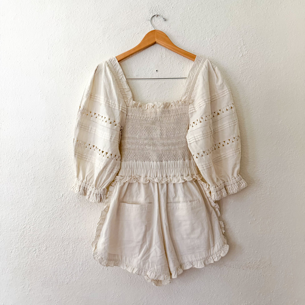 Sea New York Willa Smocked Puff Sleeve Romper in White | 00
