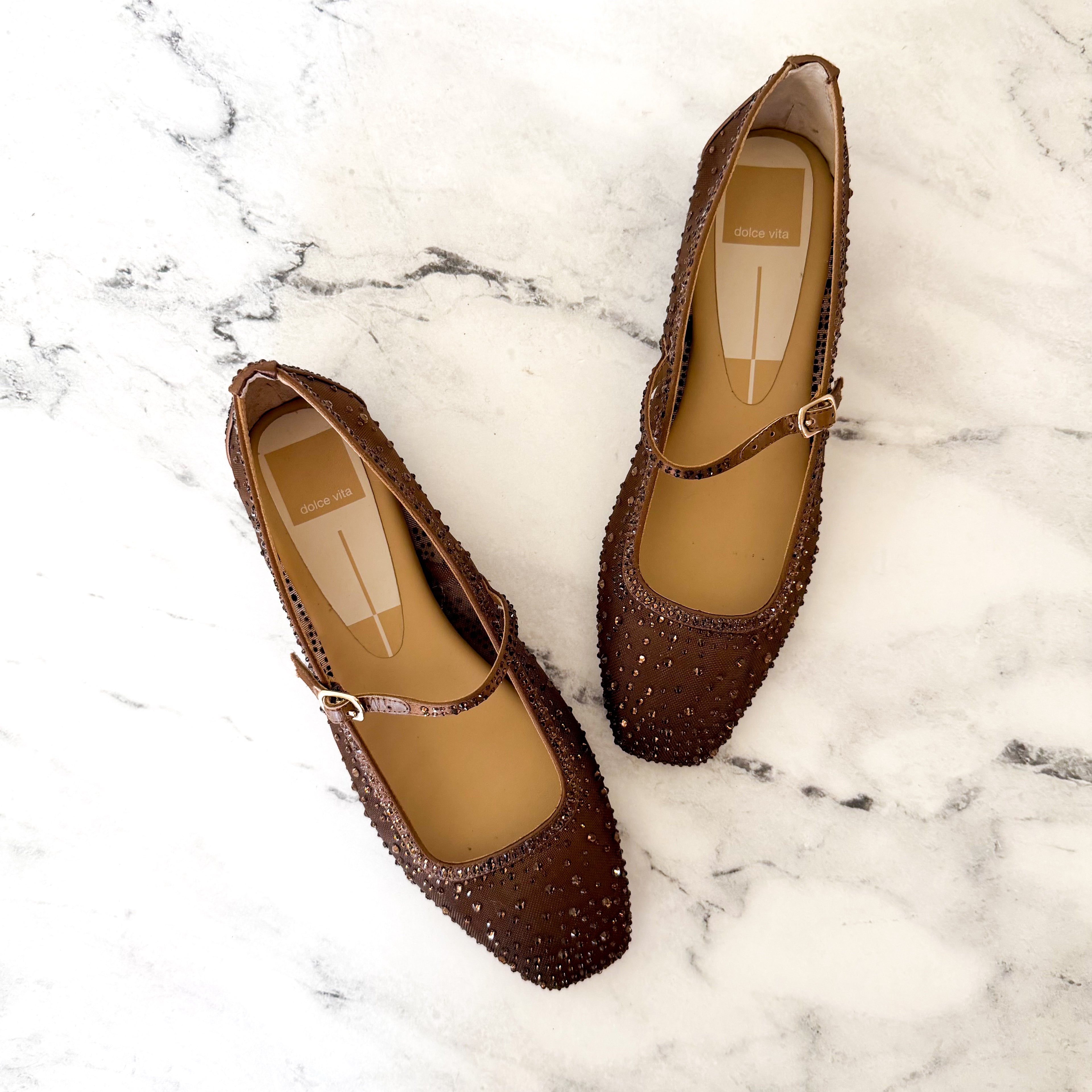 Dolce Vita Reyes Crystal Embellished Ballet Flats in Brown Mesh | 6.5