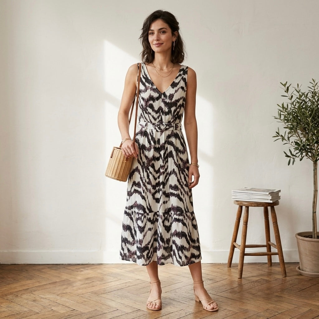 Nine West Linen Blend Belted Ikat Midi Dress | XS