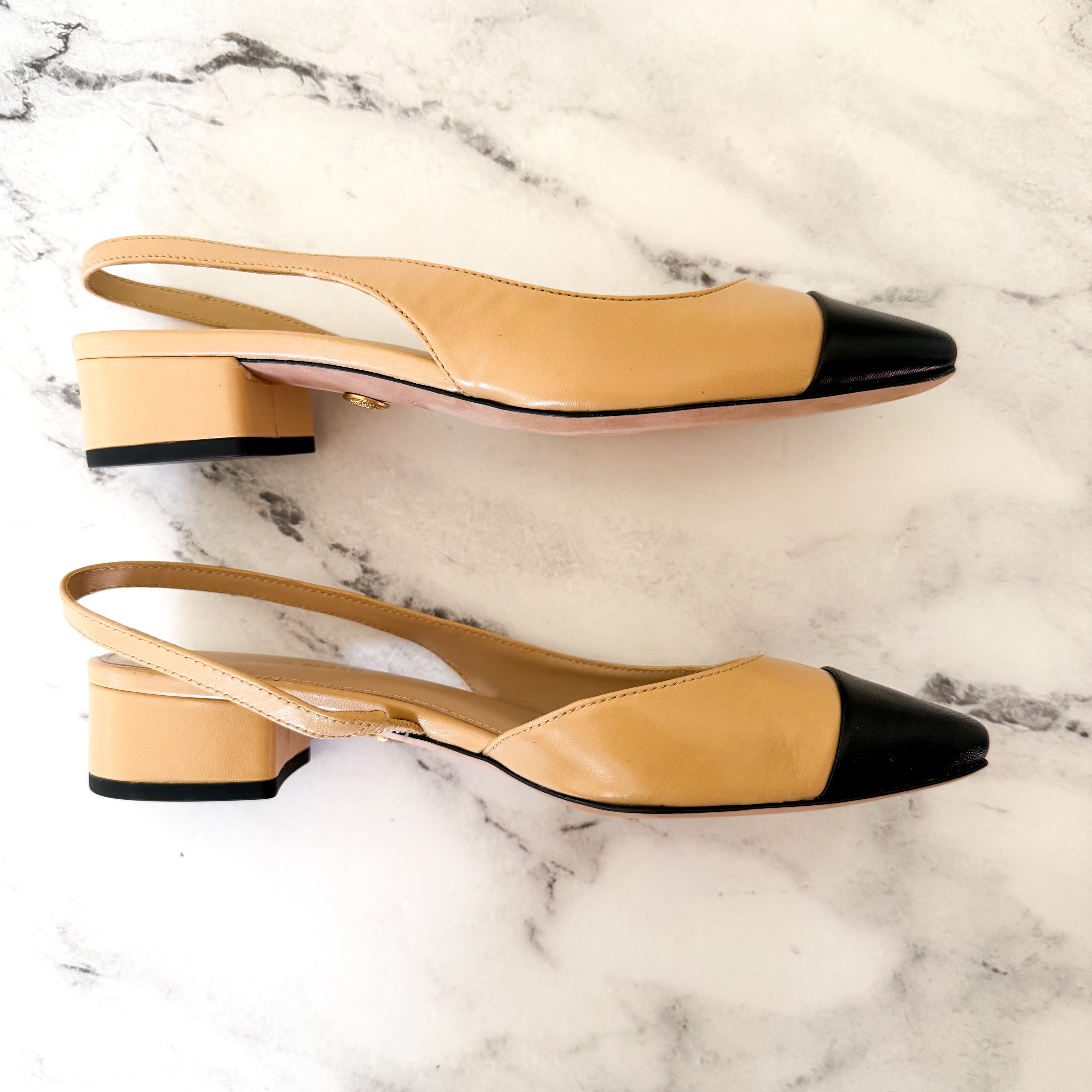 Veronica Beard Cecile Half D'Orsay Slingback Pump Captoe Heels in Black & Ecru | 6