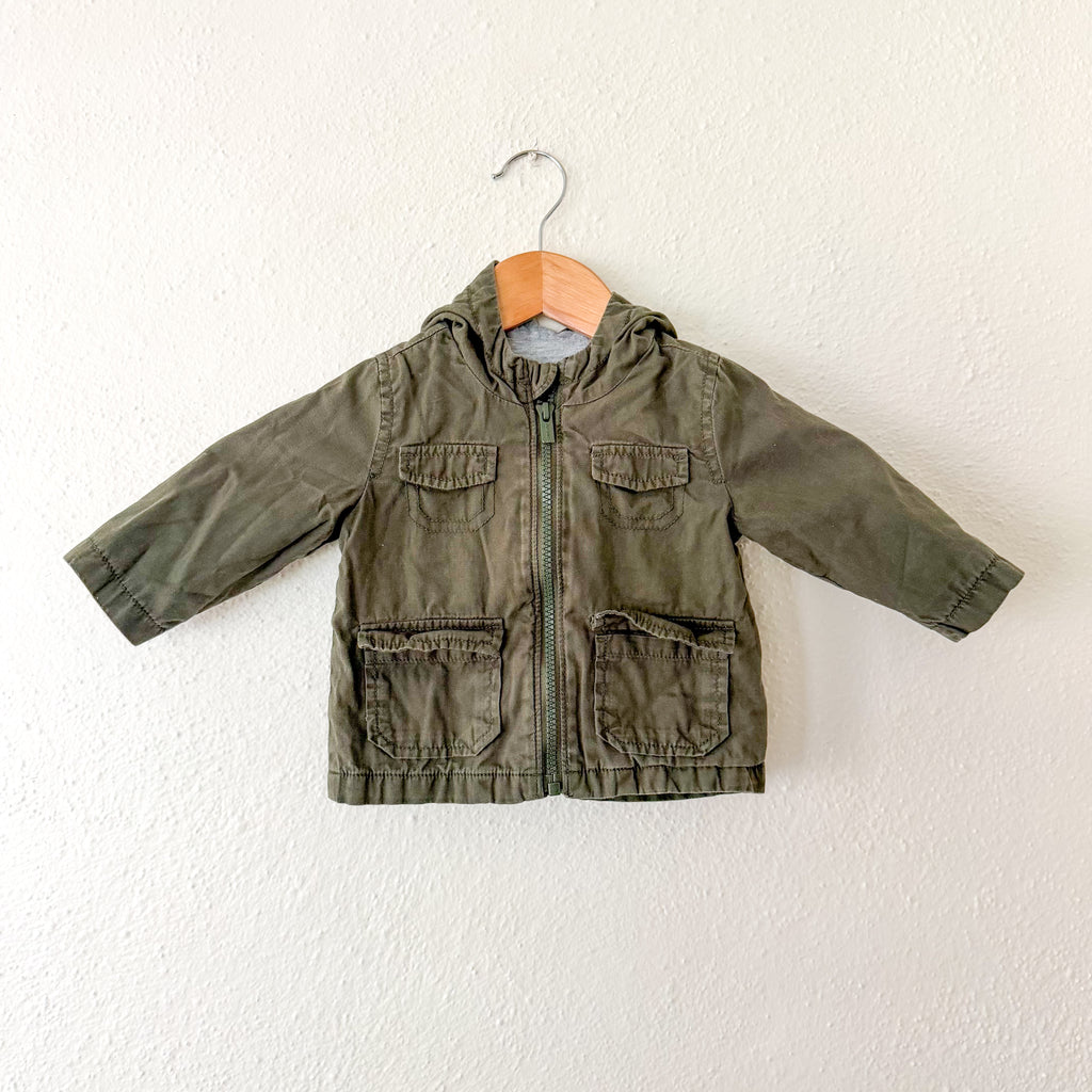 Old Navy Olive Green Lightweight Canvas Utility Zipper Jacket with Grey Lining | 6-12m