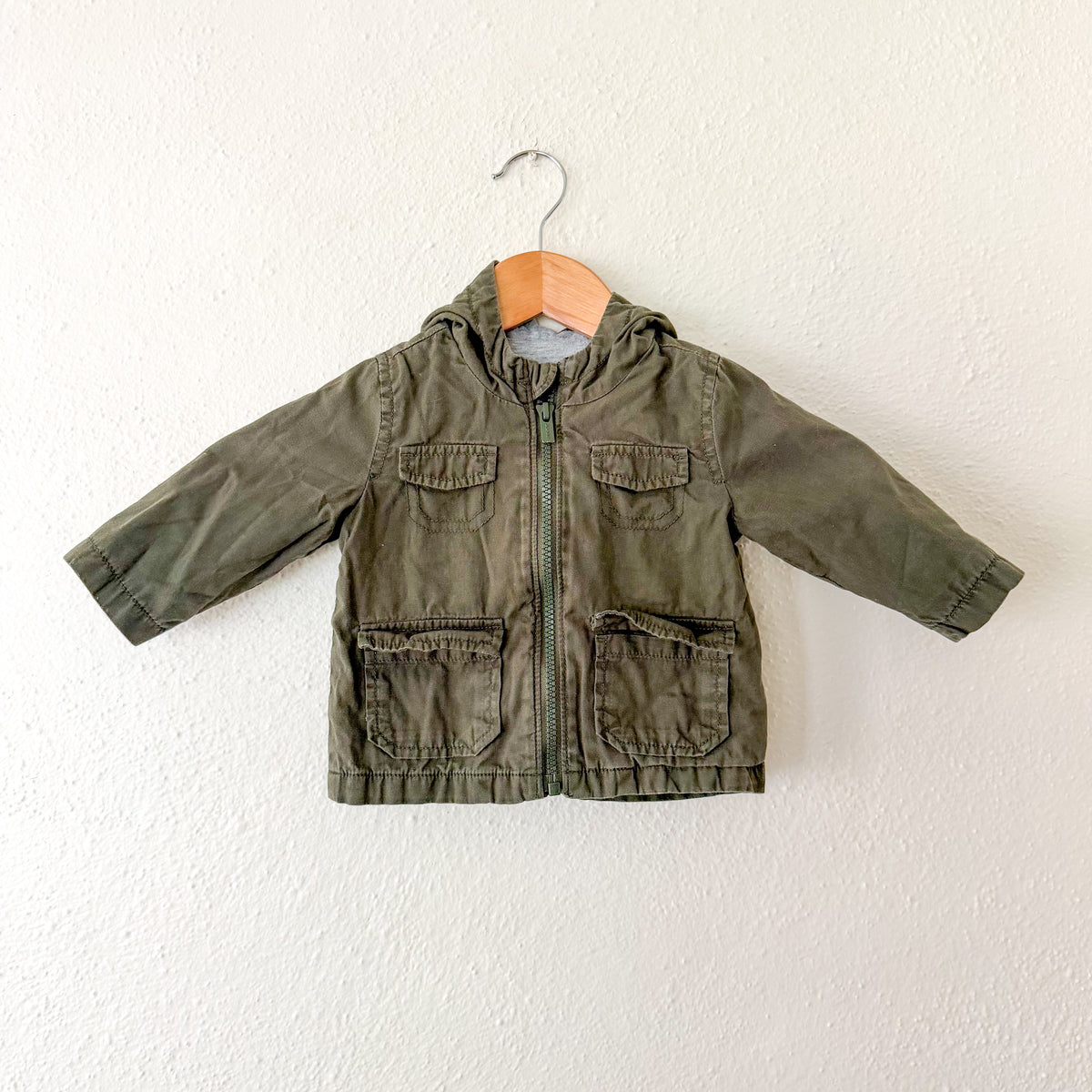Old Navy Olive Green Lightweight Canvas Utility Zipper Jacket with Grey Lining | 6-12m