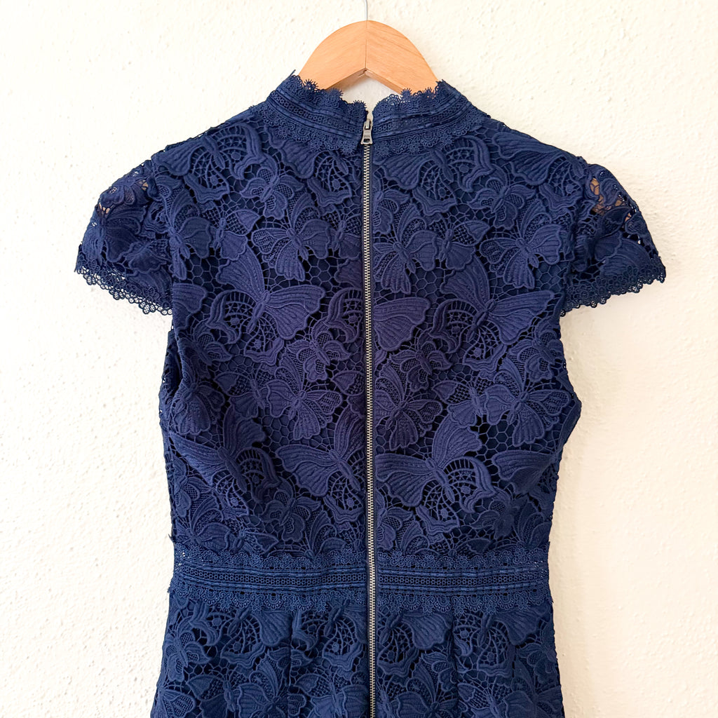 Alice + Olivia Diona Navy Blue Broderie Butterfly Lace Mini Dress | 0