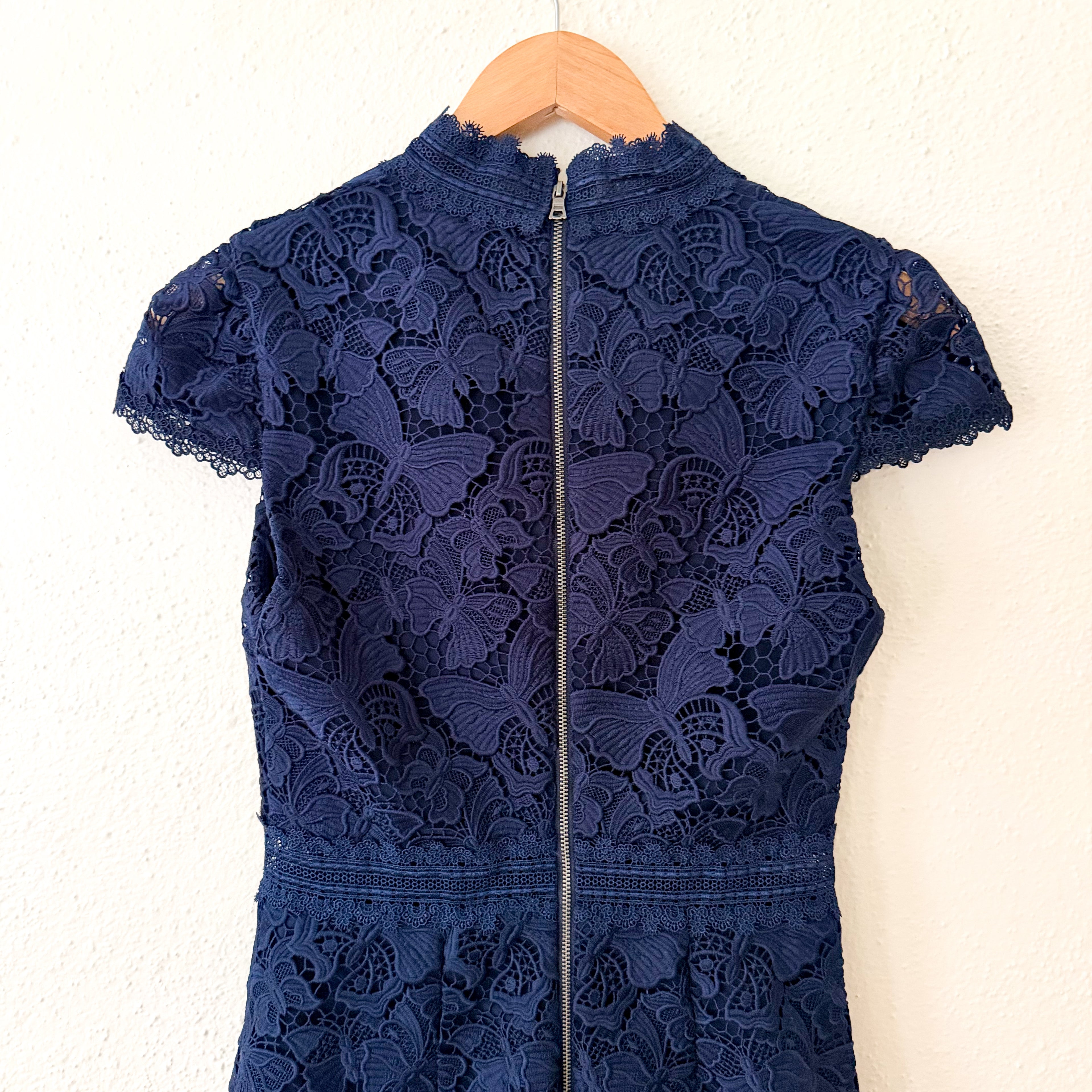 Alice + Olivia Diona Navy Blue Broderie Butterfly Lace Mini Dress | 0