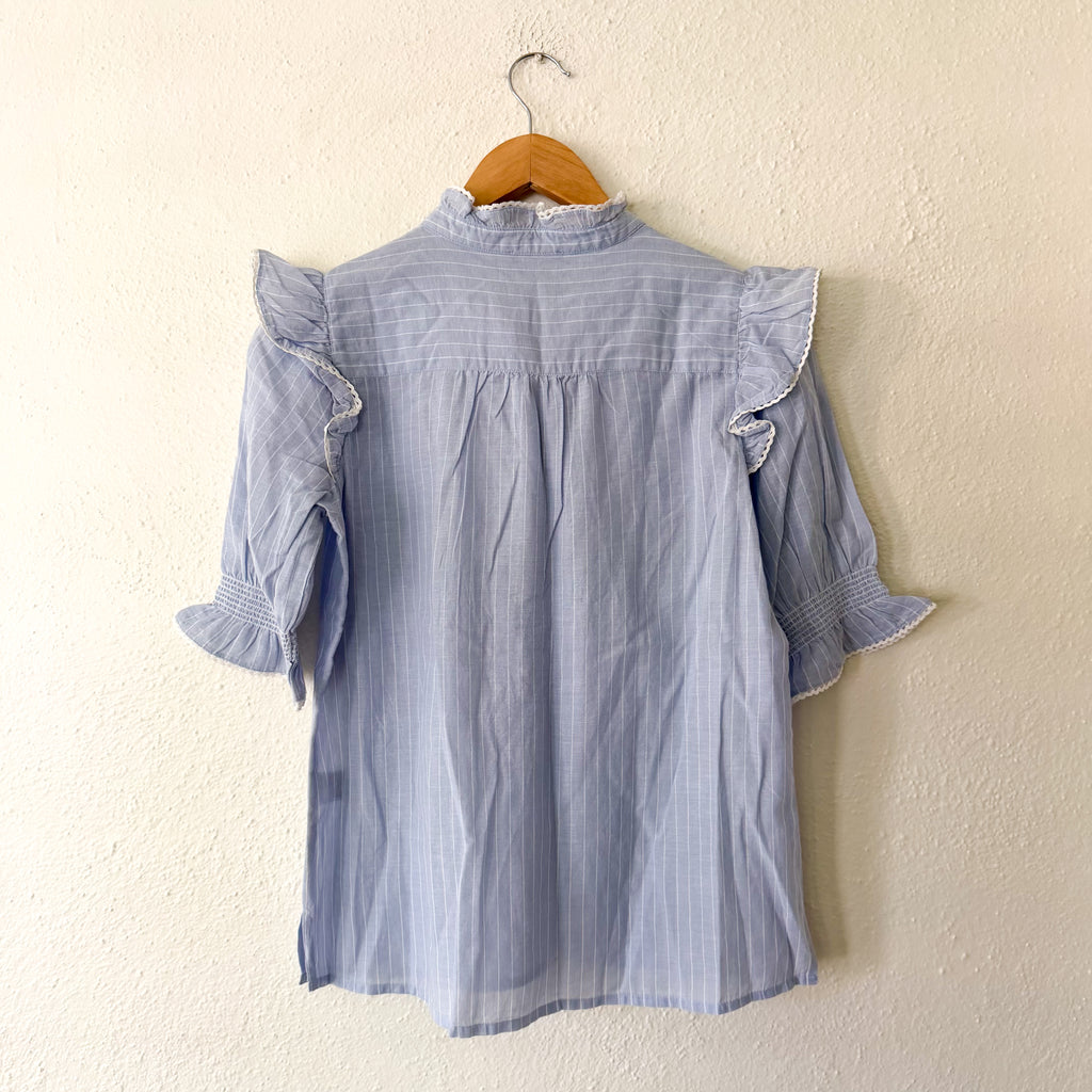 ME+EM Ruffle Mockneck Half Button Up Elbow Sleeve Cotton Blouse in Blue Stripe | 2
