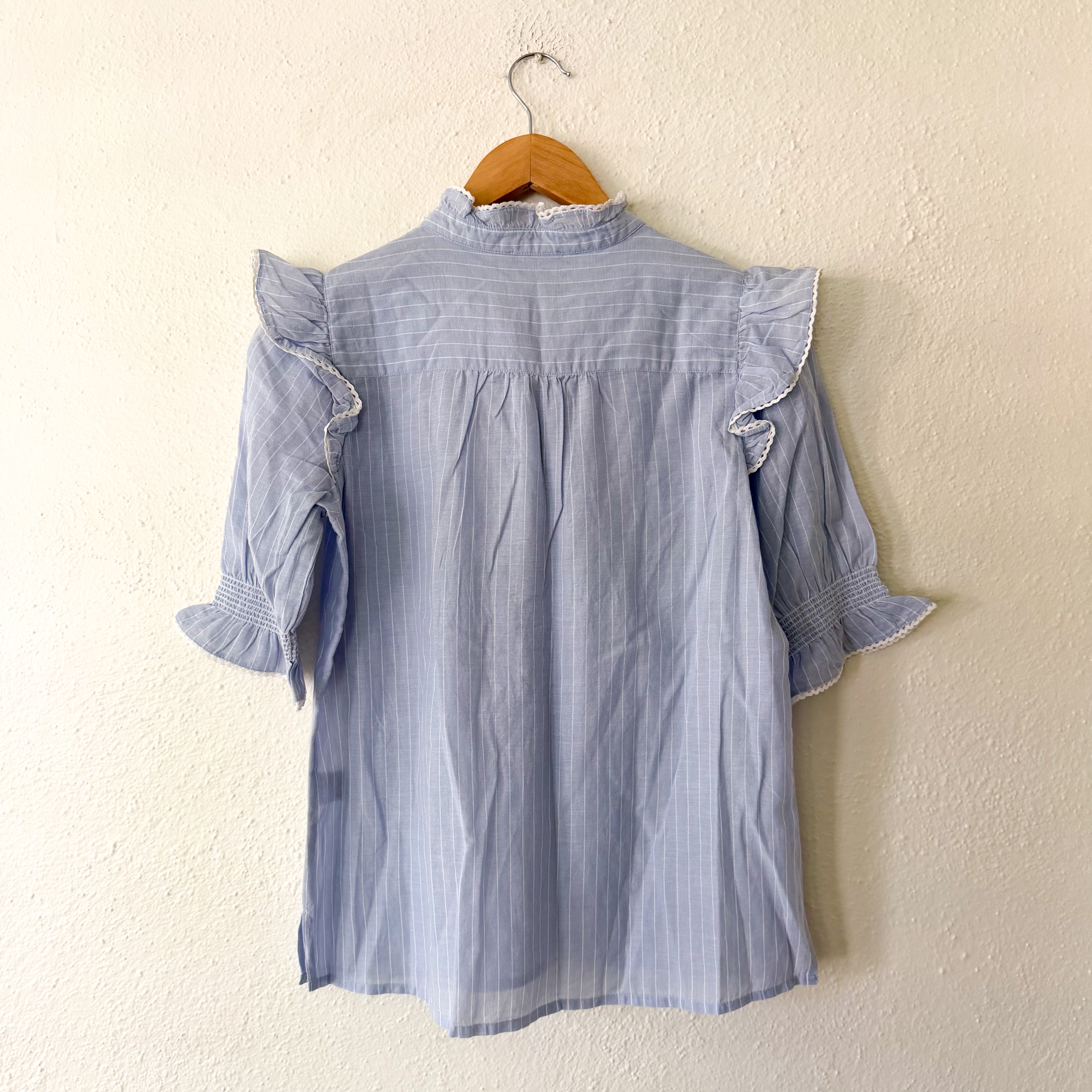 ME+EM Ruffle Mockneck Half Button Up Elbow Sleeve Cotton Blouse in Blue Stripe | 2