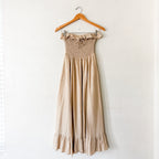 Free People Tan Lush Life Linen Smocked Strapless Dress in Bleached Sand | XS