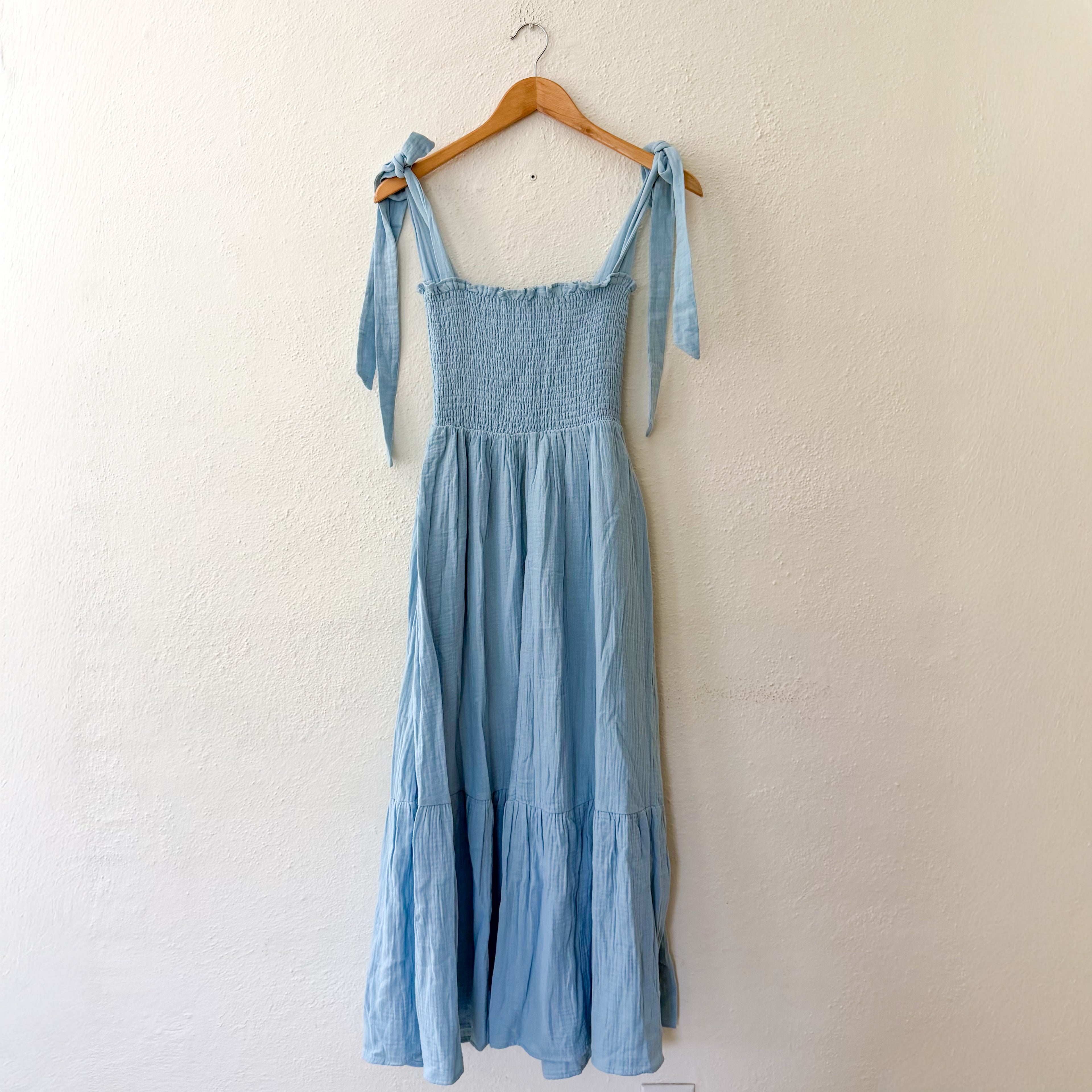 Caslon Smocked Tie Strap Cotton Gauze Midi Sundress in Baby Blue | XS