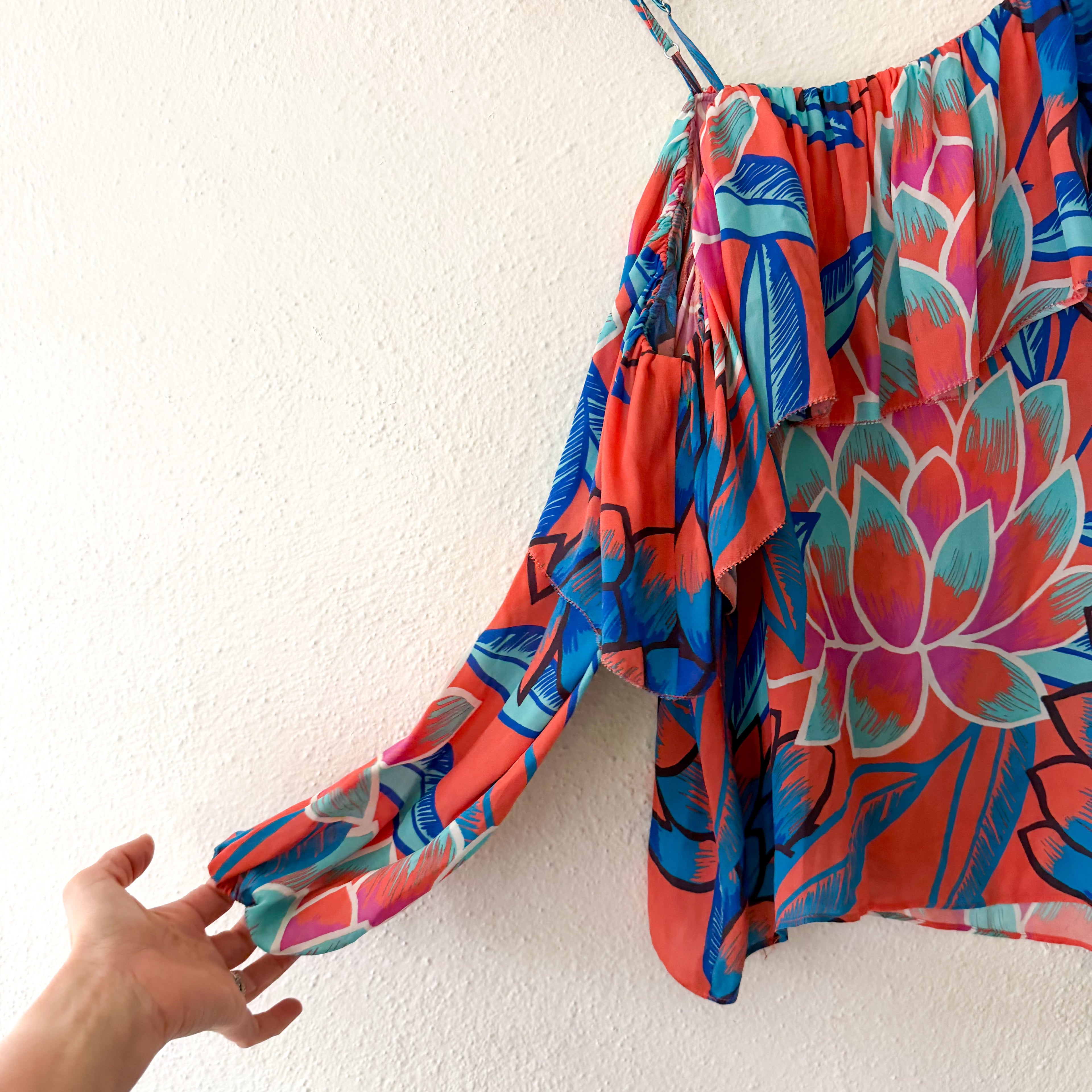 Parker NY Tropical Floral Silk Ruffle Off-The-Shoulder Top | XS