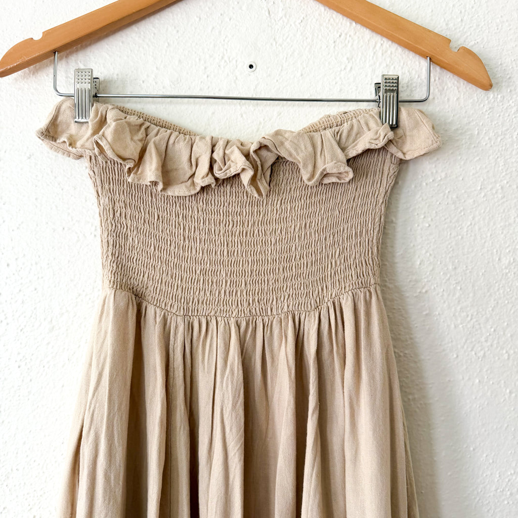 Free People Tan Lush Life Linen Smocked Strapless Dress in Bleached Sand | XS