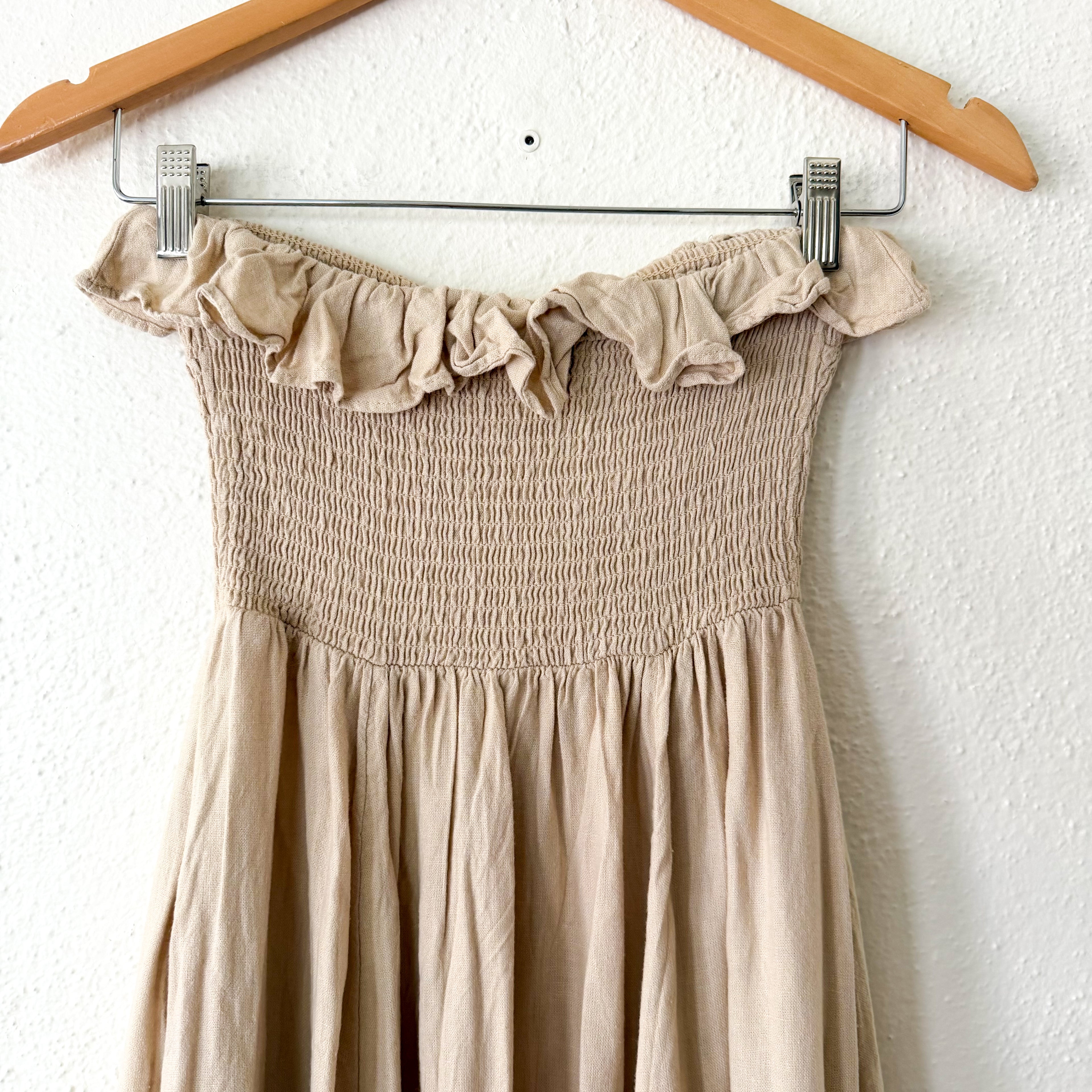 Free People Tan Lush Life Linen Smocked Strapless Dress in Bleached Sand | XS