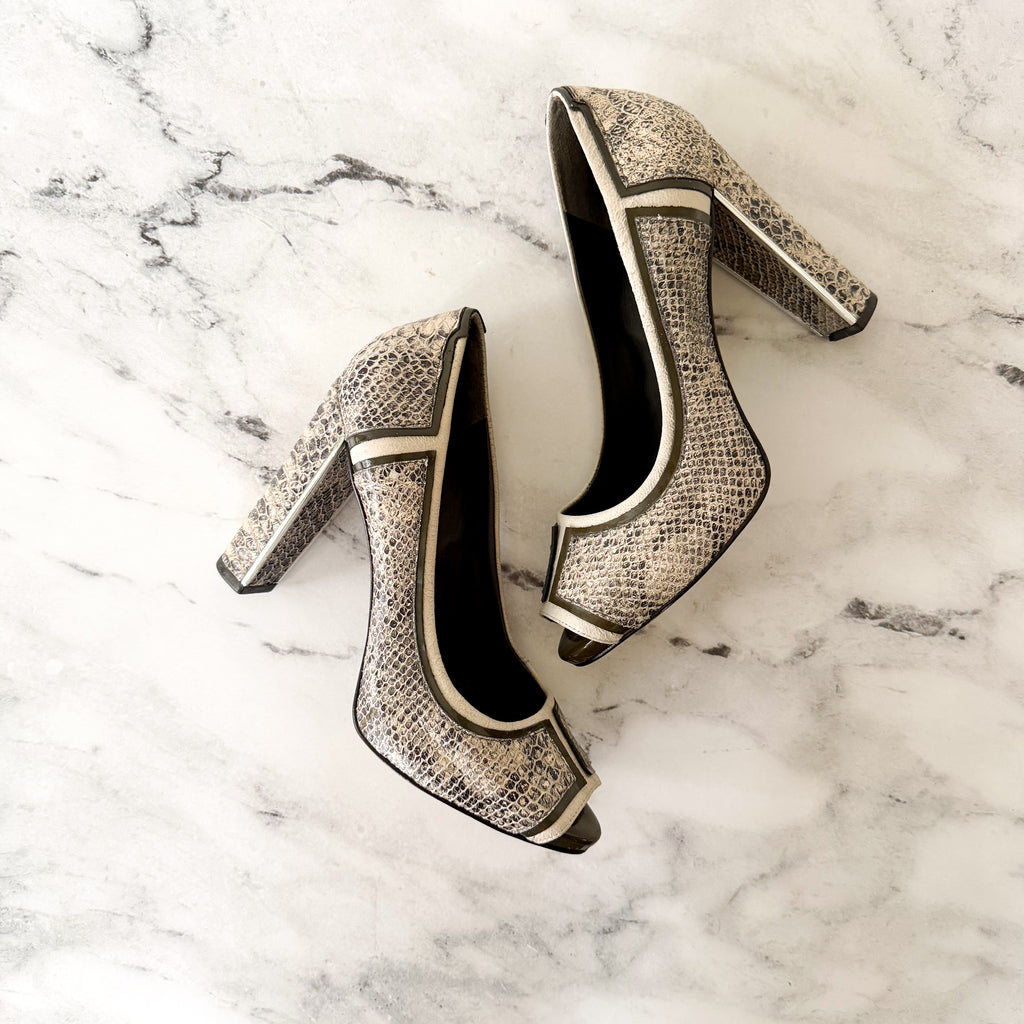 Tory Burch Matilda Pitone Rocha Snake Embossed Leather Block Peep Toe Heels | 6