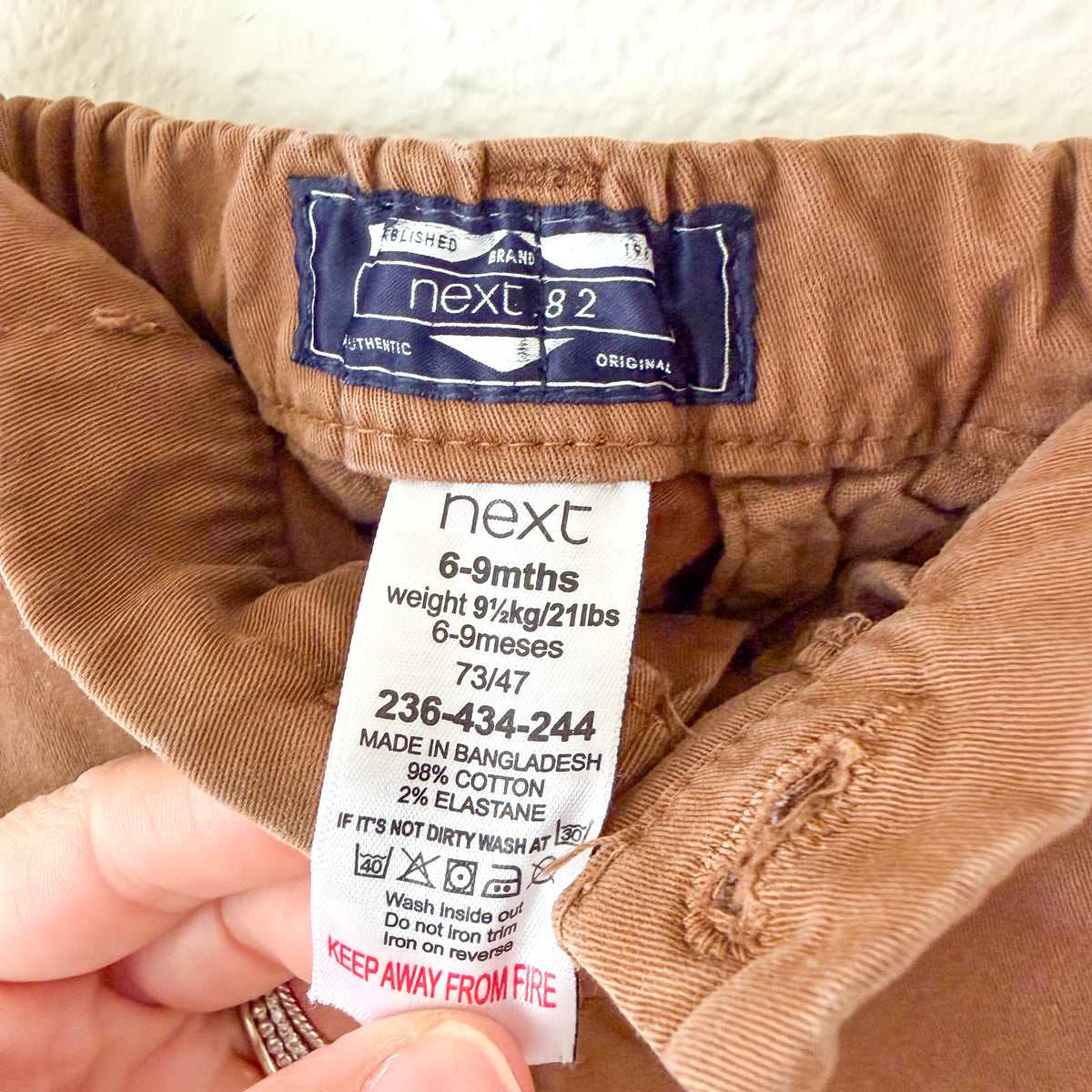 Next Clothing Brown Stretch Chino Trousers in Ginger Tan | 6-9m