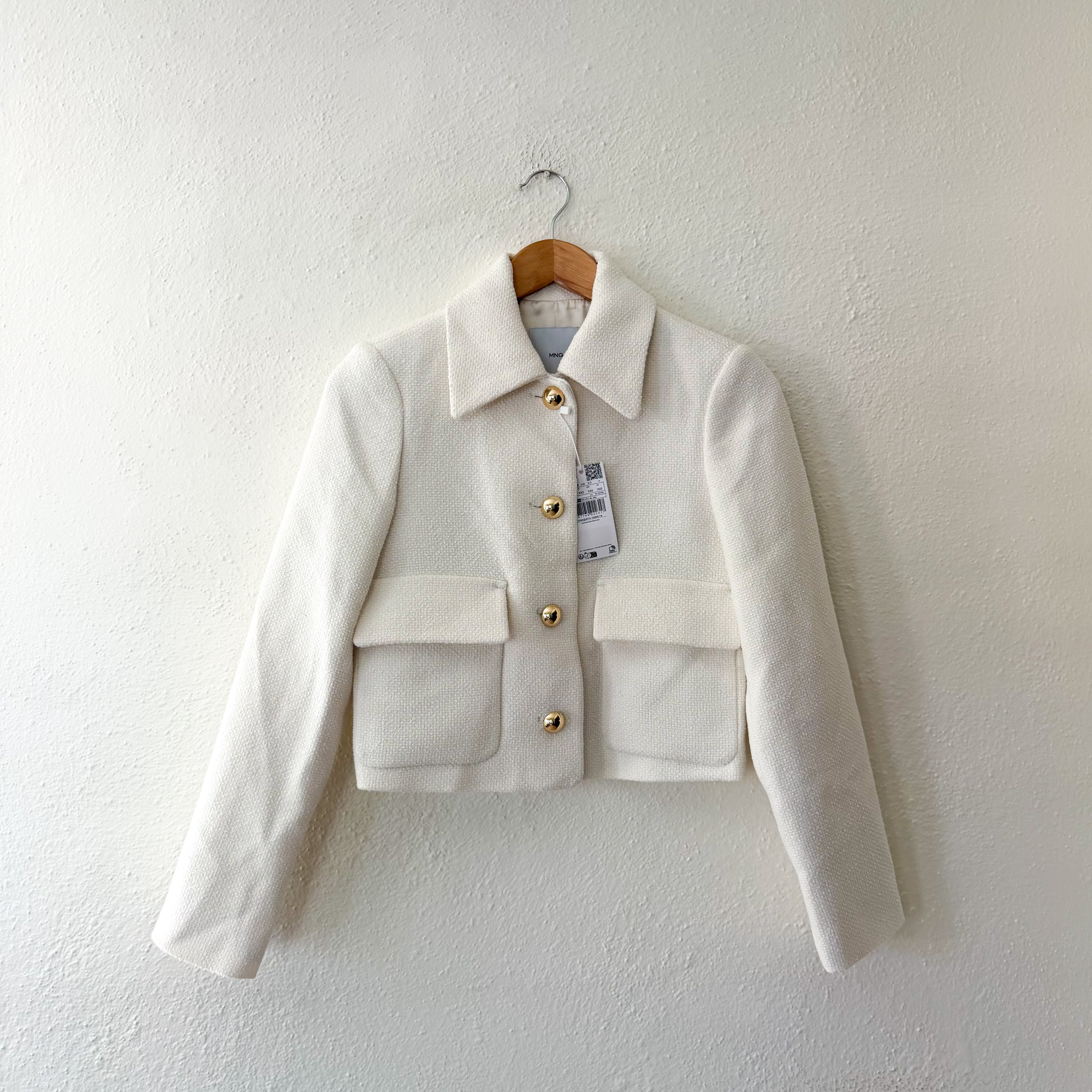 Mango MNG Textured Tweed Italian Fabric Jacket with Gold Buttons in Ecru | XXS