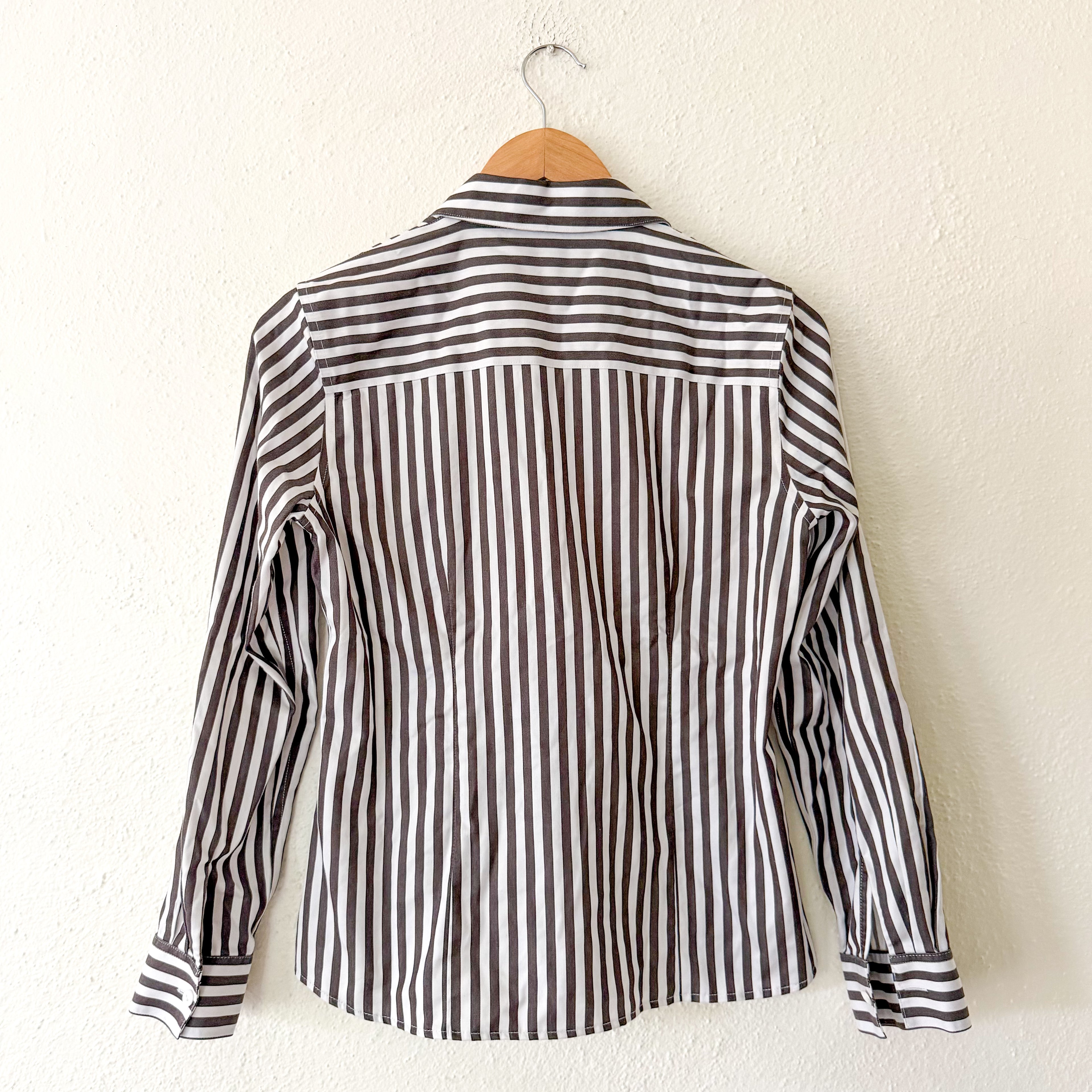 Foxcroft Petite Brown & White Striped No Iron Button Down Shirt | 4P