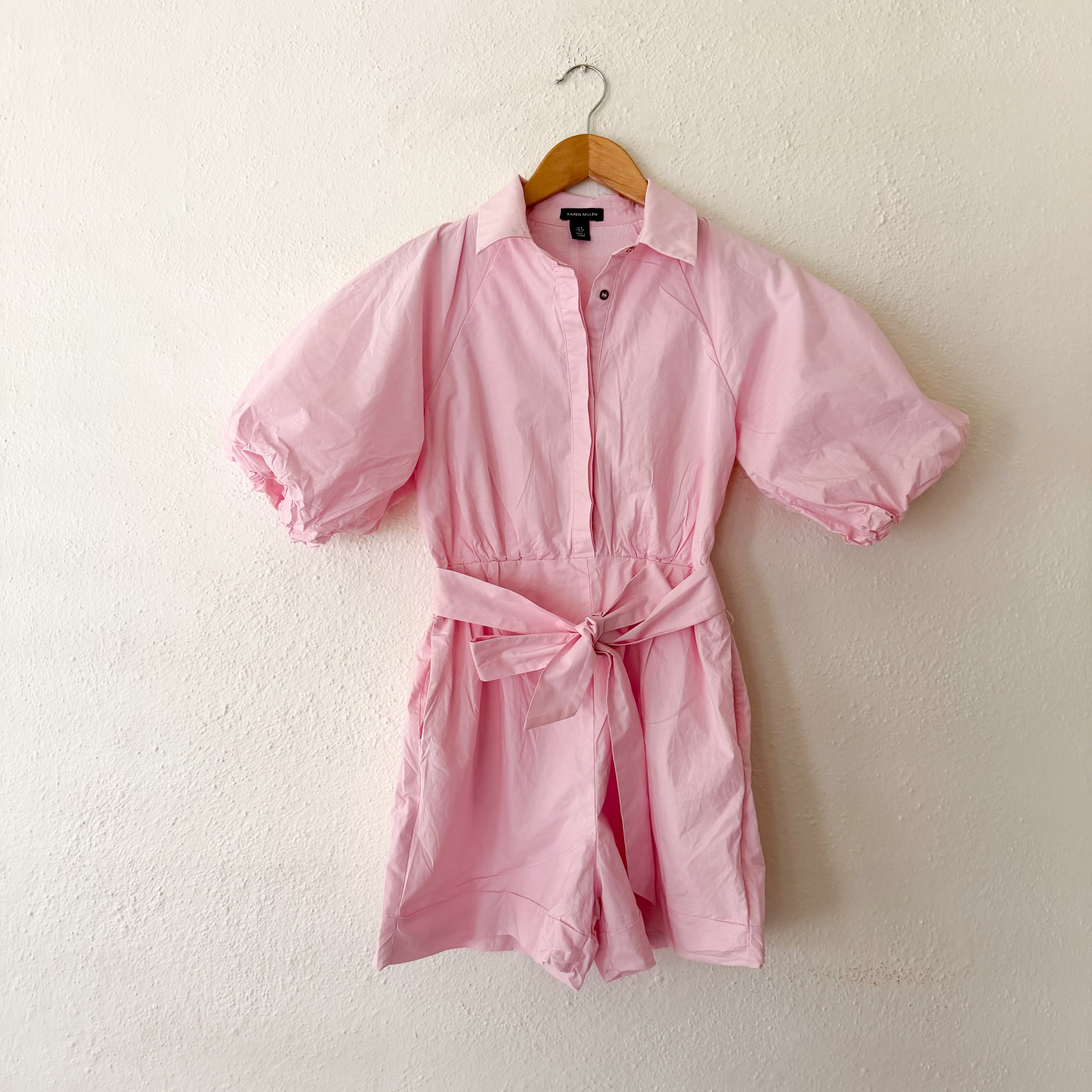 Karen Millen Pink Cotton Poplin Balloon Sleeve Button Down Romper | 2