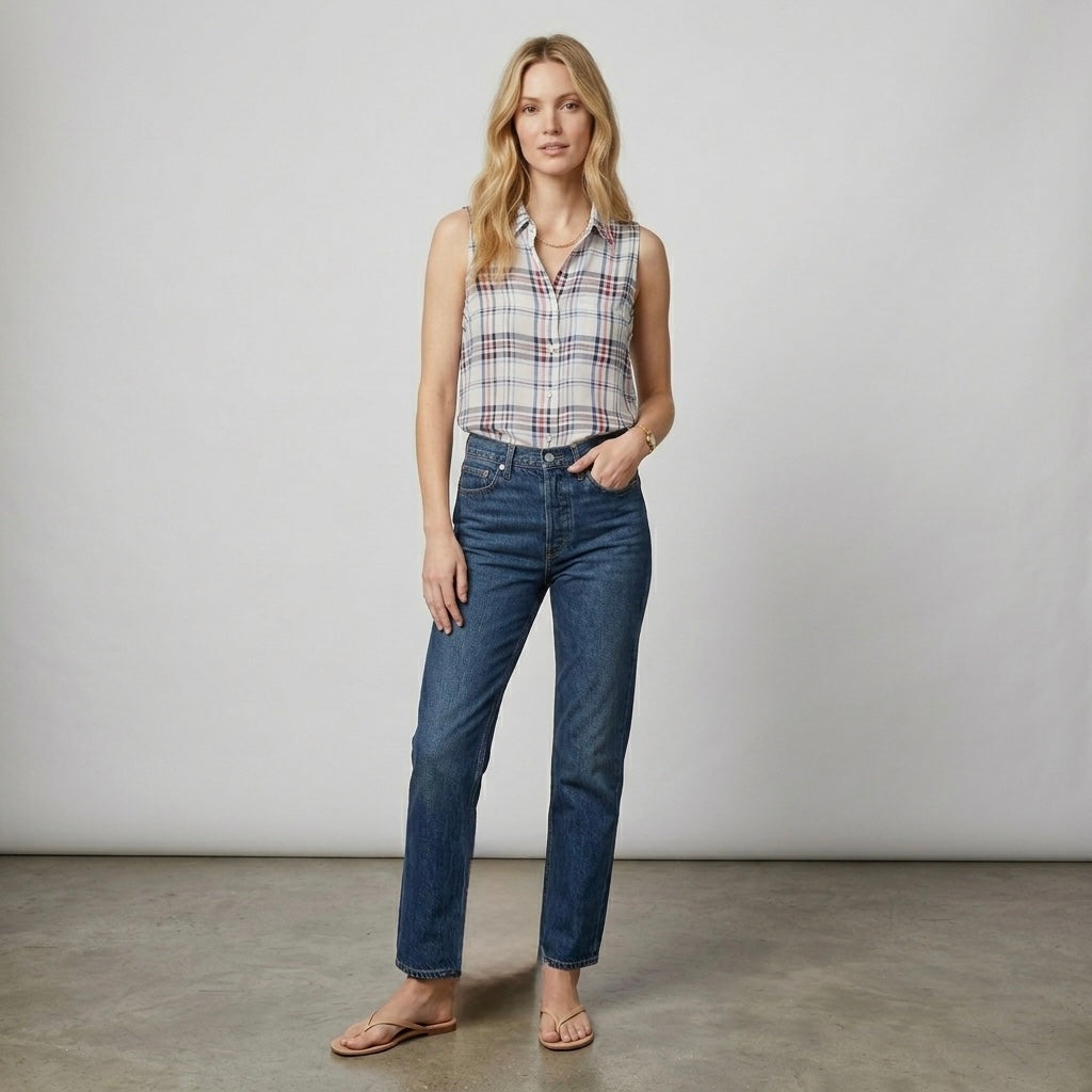 Equipment Femme Mina 100% Silk Red & Blue Plaid Button Down Sleeveless Shirt | XS