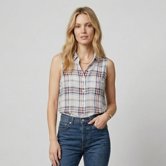 Equipment Femme Mina 100% Silk Red & Blue Plaid Button Down Sleeveless Shirt | XS