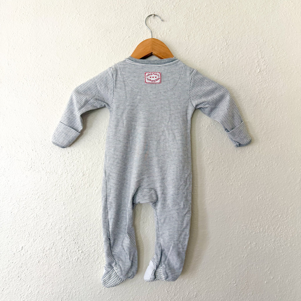 JoJo Maman Bébé Winter Penguin Appliqué Grey Stripe 2-Way Zip Footed Sleeper | 9-12m