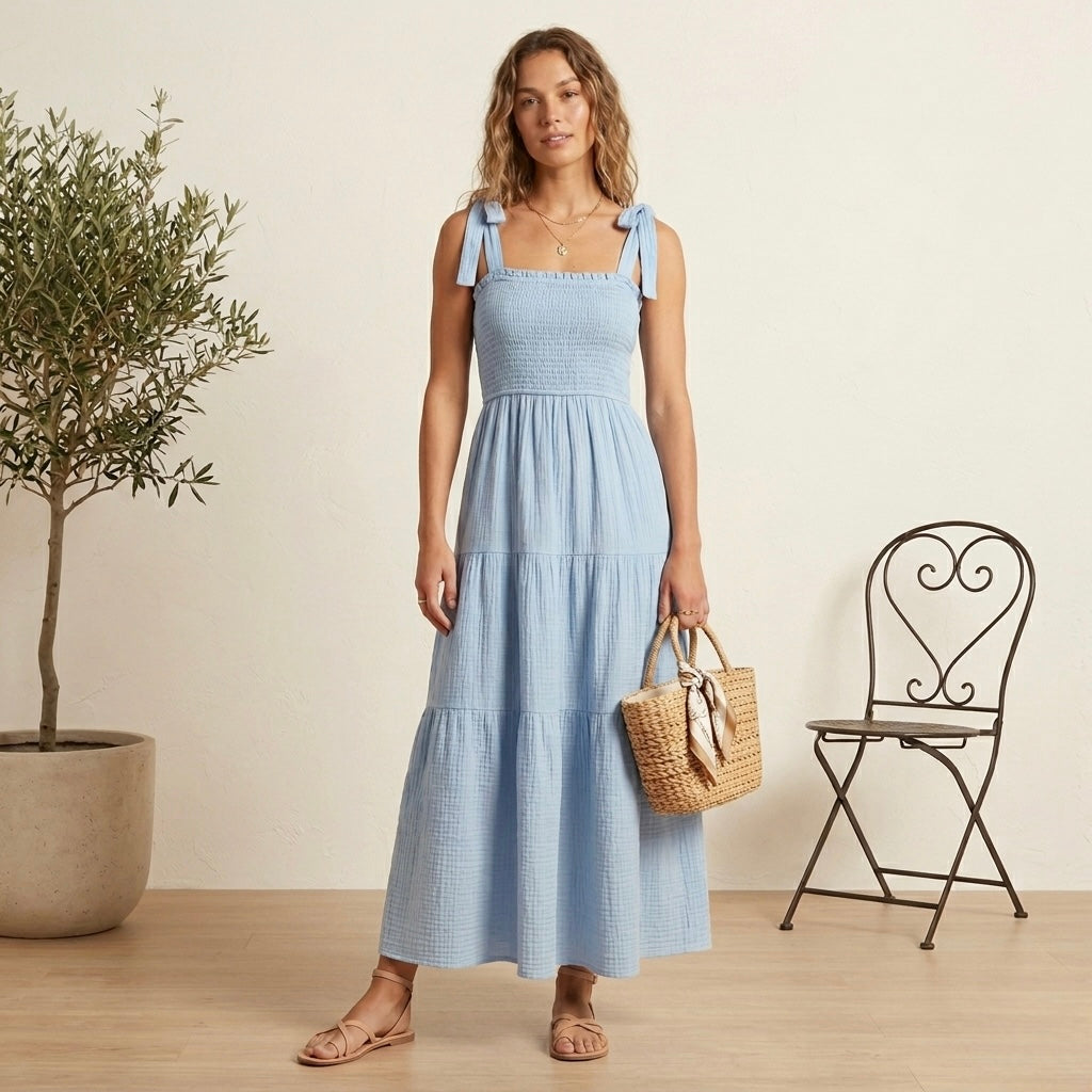 Caslon Smocked Tie Strap Cotton Gauze Midi Sundress in Baby Blue | XS