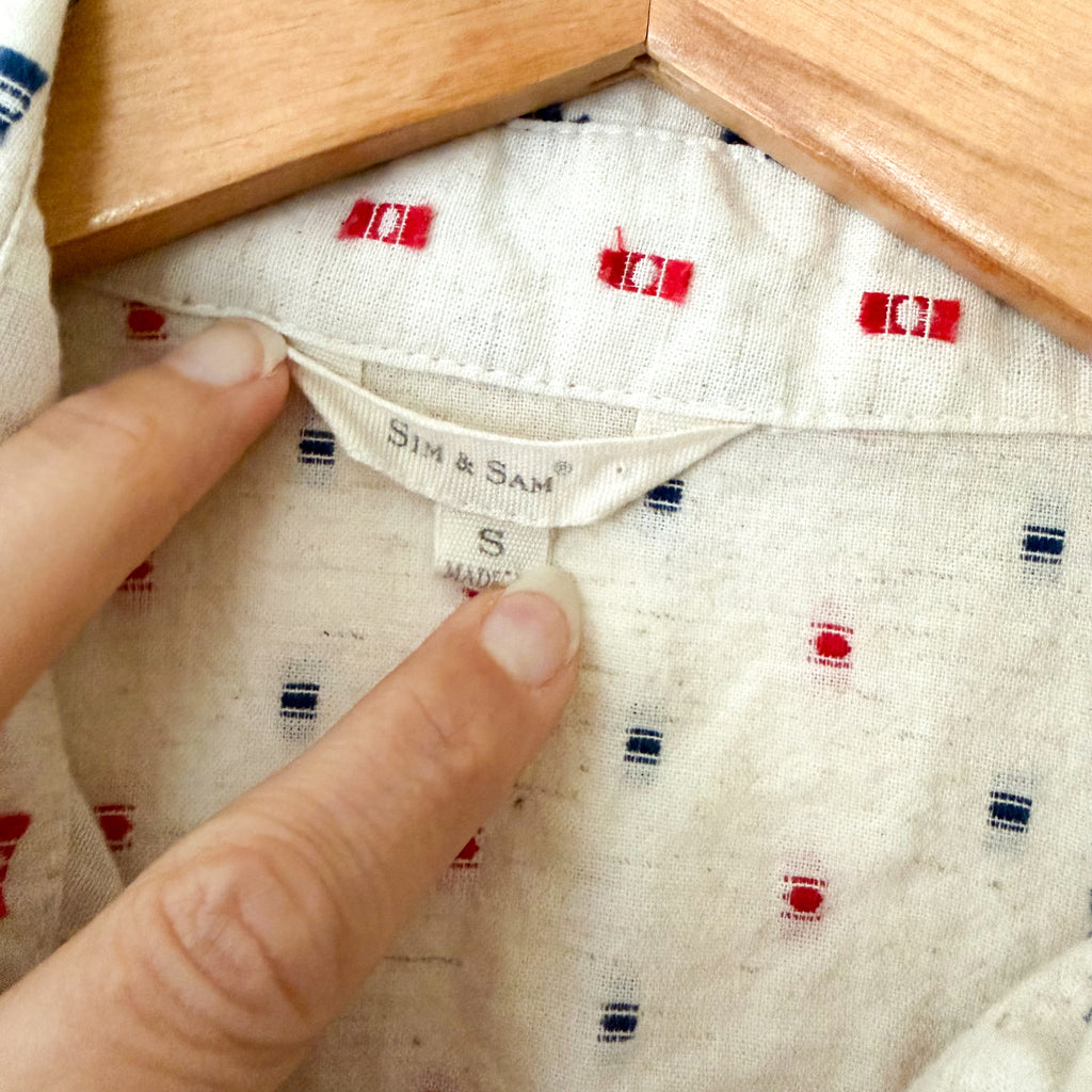 Sim & Sam Linen Blend Americana Red Blue Natural Button Down Shirt | S