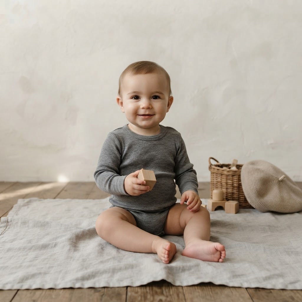 H&M 100% Washable Wool Charcoal Long Sleeve Bodysuit | 9-12m
