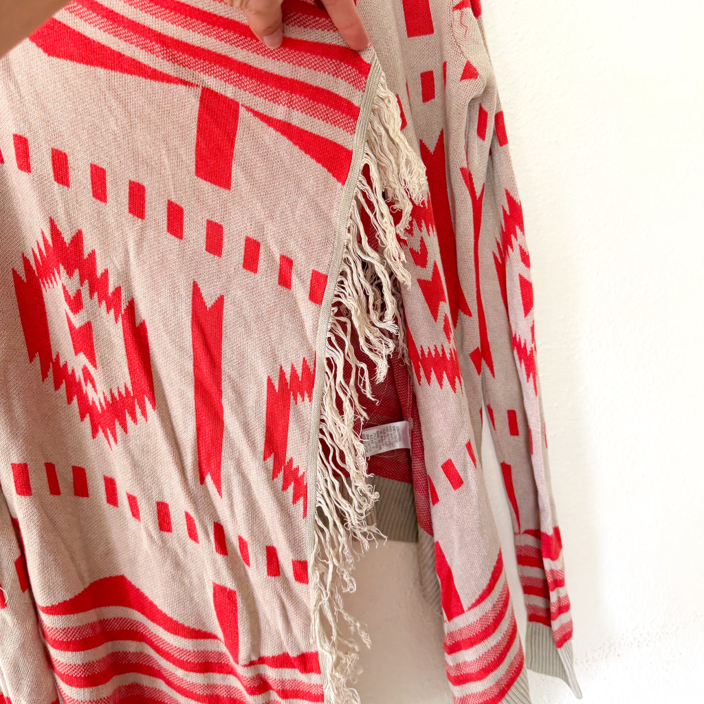 Umgee Boho Tribal Print Open Front Fringe Cardigan | S