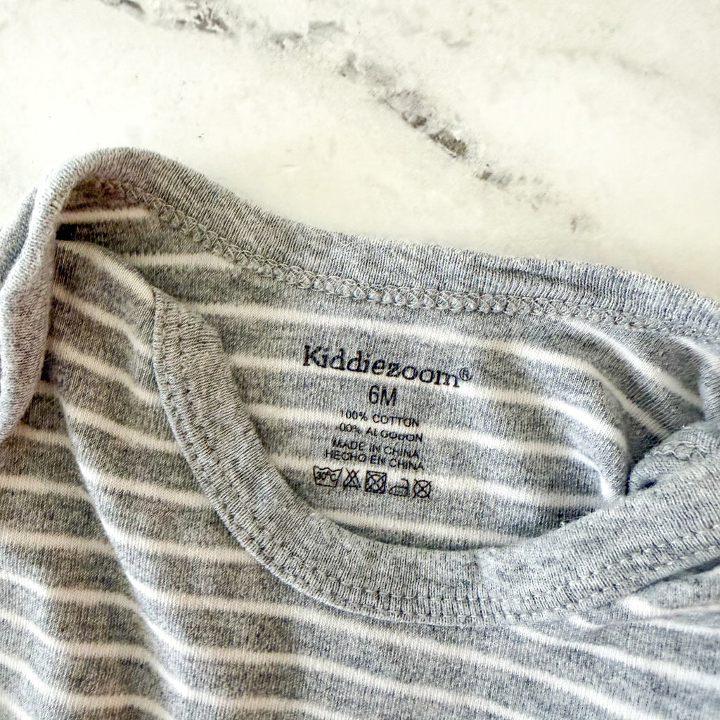 Kiddiezoom Grey White Stripe Bodysuit + Cloud Island Charcoal Gauze Burp Cloth Bundle | 3-6m