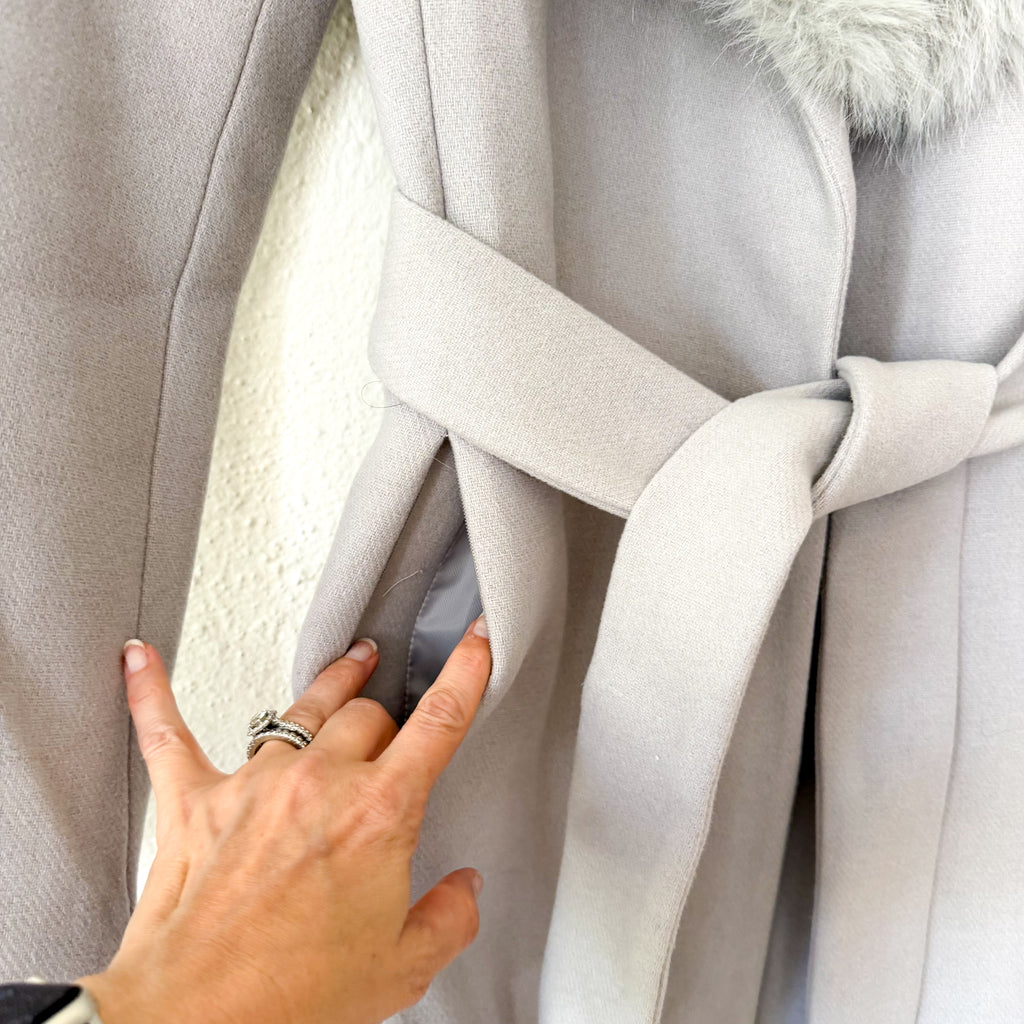 Mango MNG Detachable Faux Fur Collar Longline Wool-Blend Belted Coat in Ice Grey | XXS
