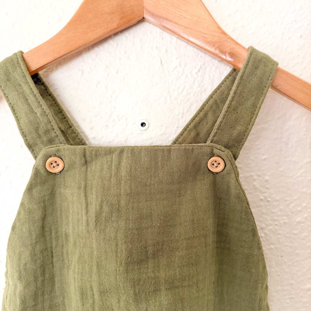 Little Planet Organic Olive Green Gauze Bubble Romper Overalls | 12-18m