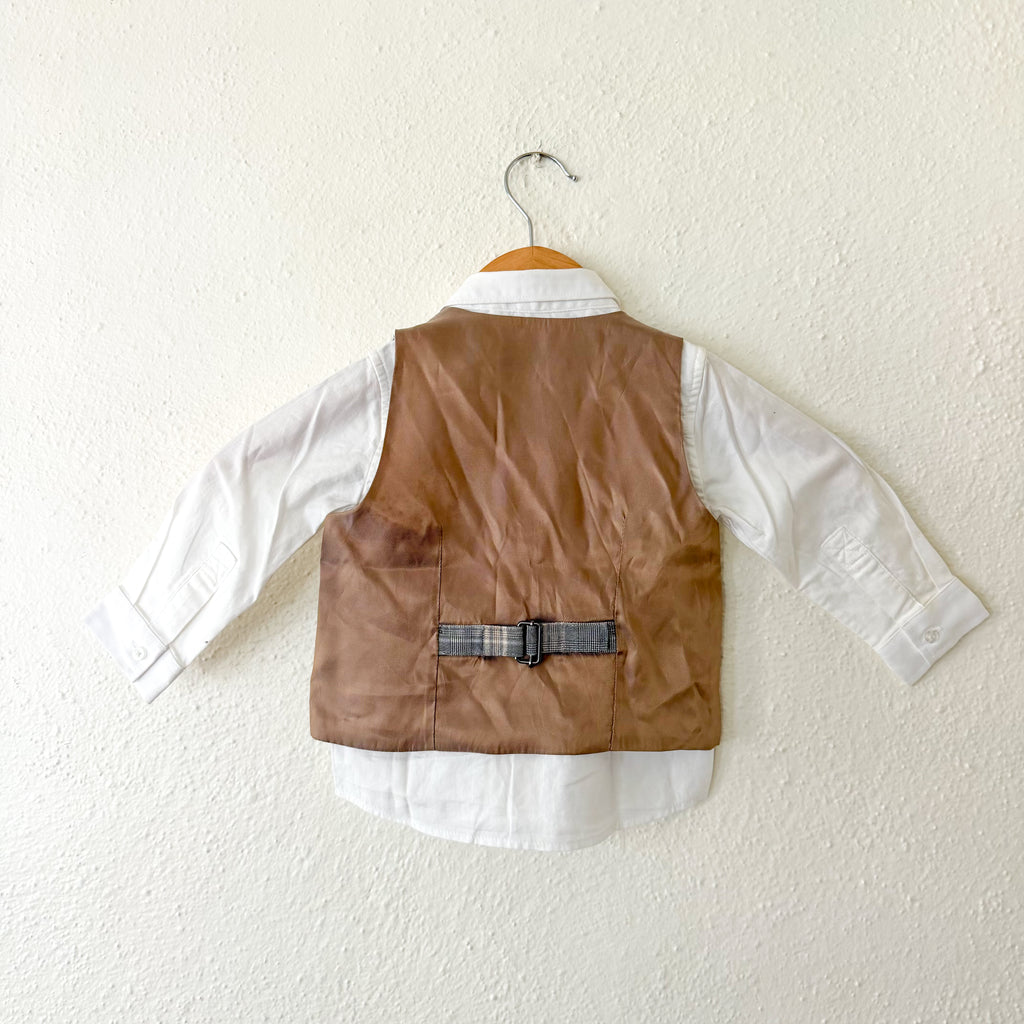 Next Black Taupe Plaid Suit Vest + White Oxford Shirt Set | 9-12m