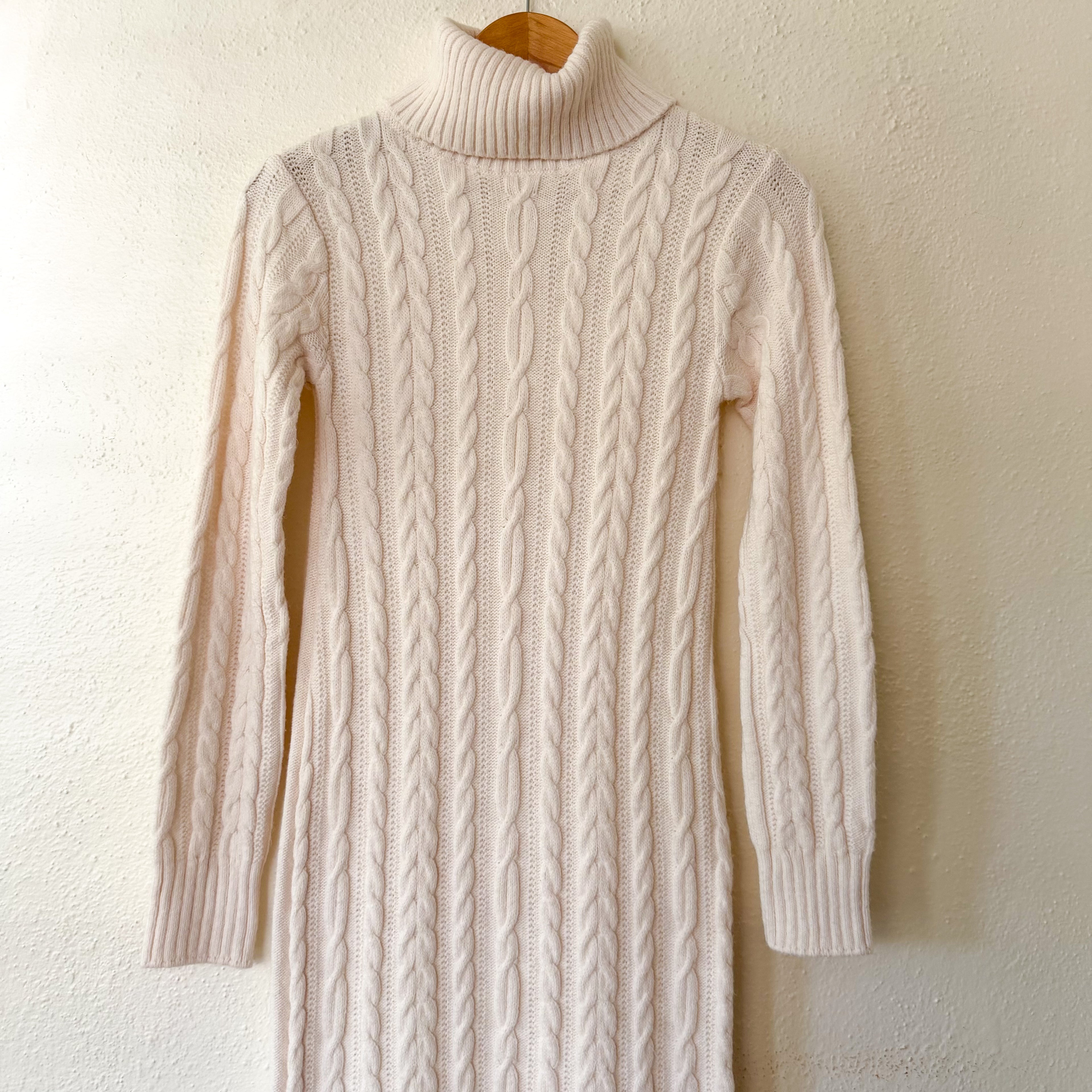 River Island Turtleneck Cable Knit Long Sleeve Midi Sweater Dress in Cream | S