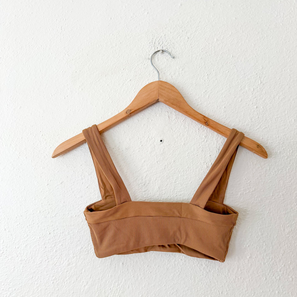 Ribbed V-Notched Bikini Top + Low Rise Bikini Bottoms in Camel | XS