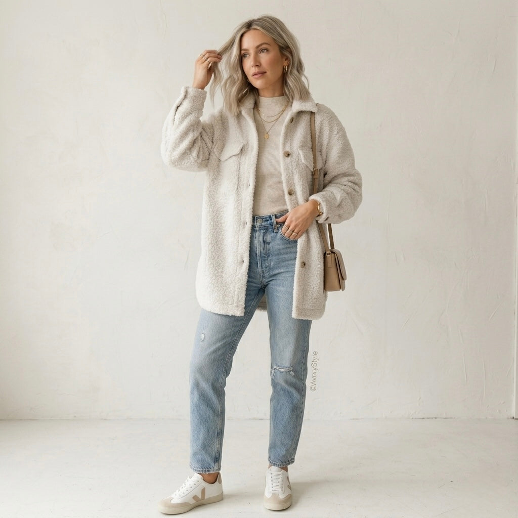 H&M Oversized Teddy Sherpa Shacket in Cream | XS