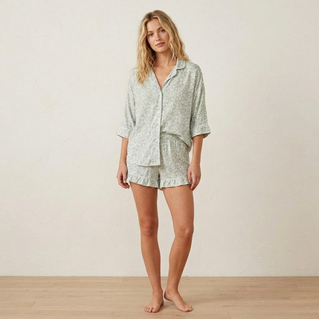 H&M Home Lyocell Mint Floral PJ Top + Ruffle Shorts | XS