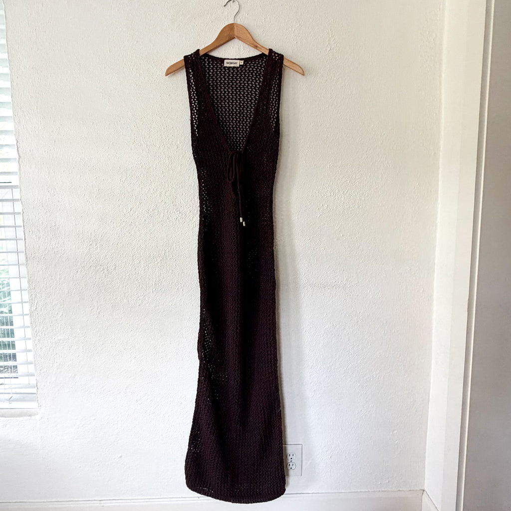 Monday Swimwear Crochet Monte Carlo Tie Cover Up Midi Dress in Espresso | S