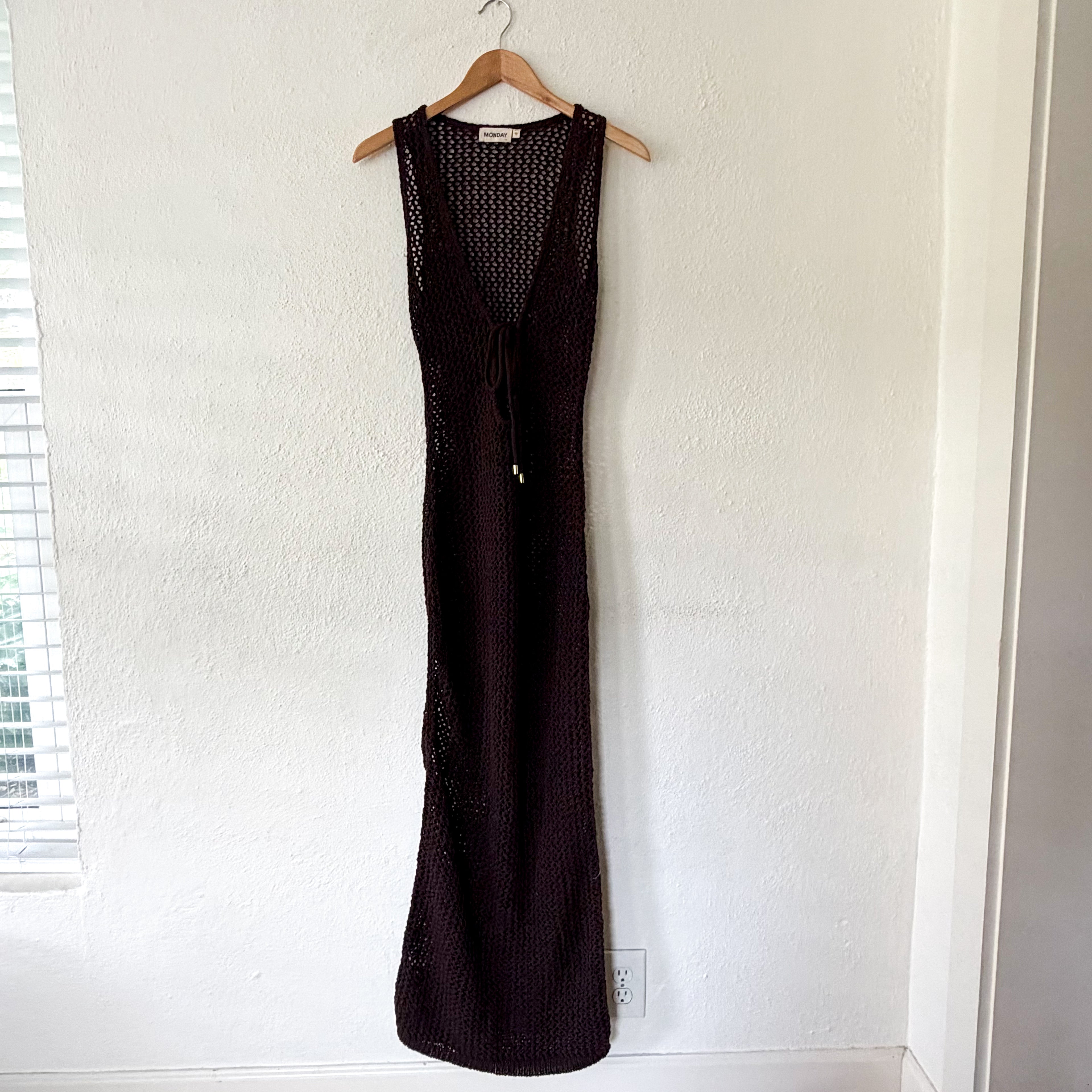 Monday Swimwear Crochet Monte Carlo Tie Cover Up Midi Dress in Espresso | S