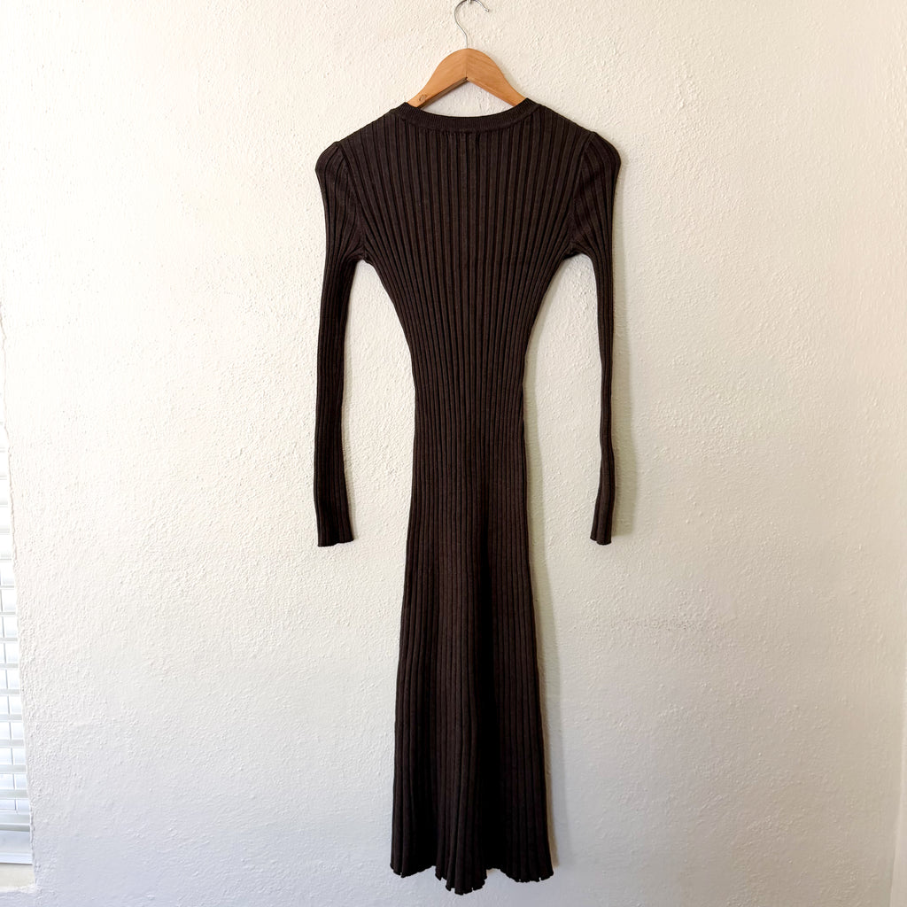 Quince Cotton Cashmere Ribbed Long Sleeve Crew Midi Sweater Dress in Brown Heather | XS