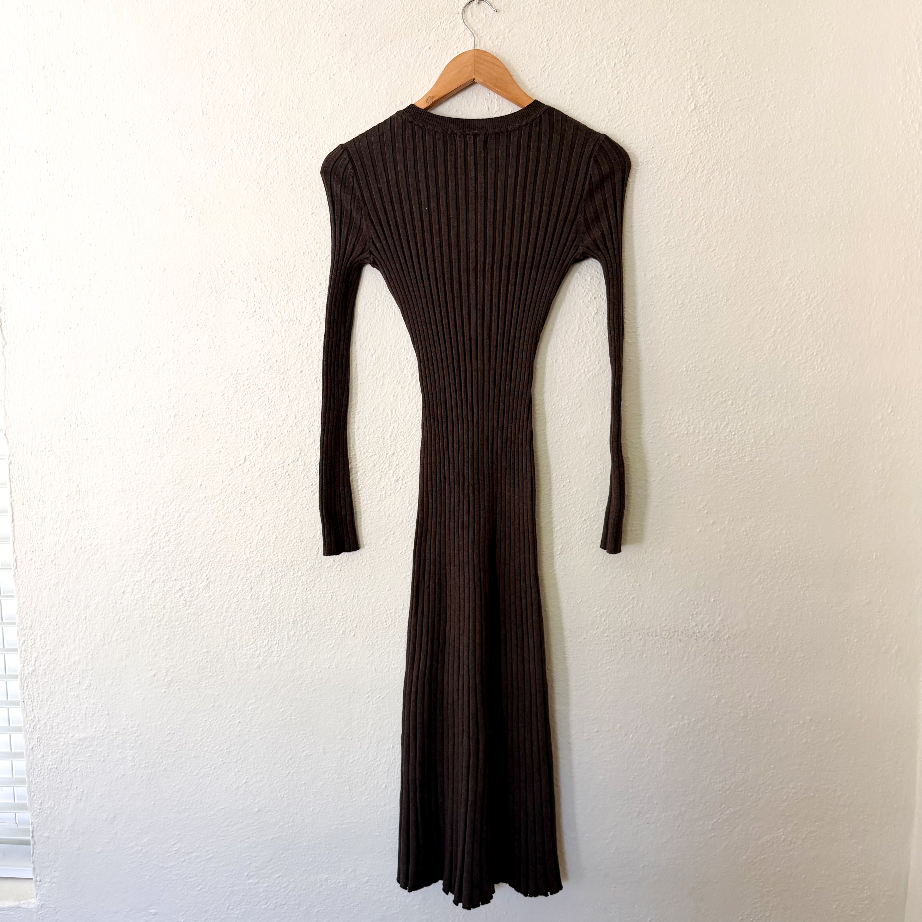 Quince Cotton Cashmere Ribbed Long Sleeve Crew Midi Sweater Dress in Brown Heather | XS