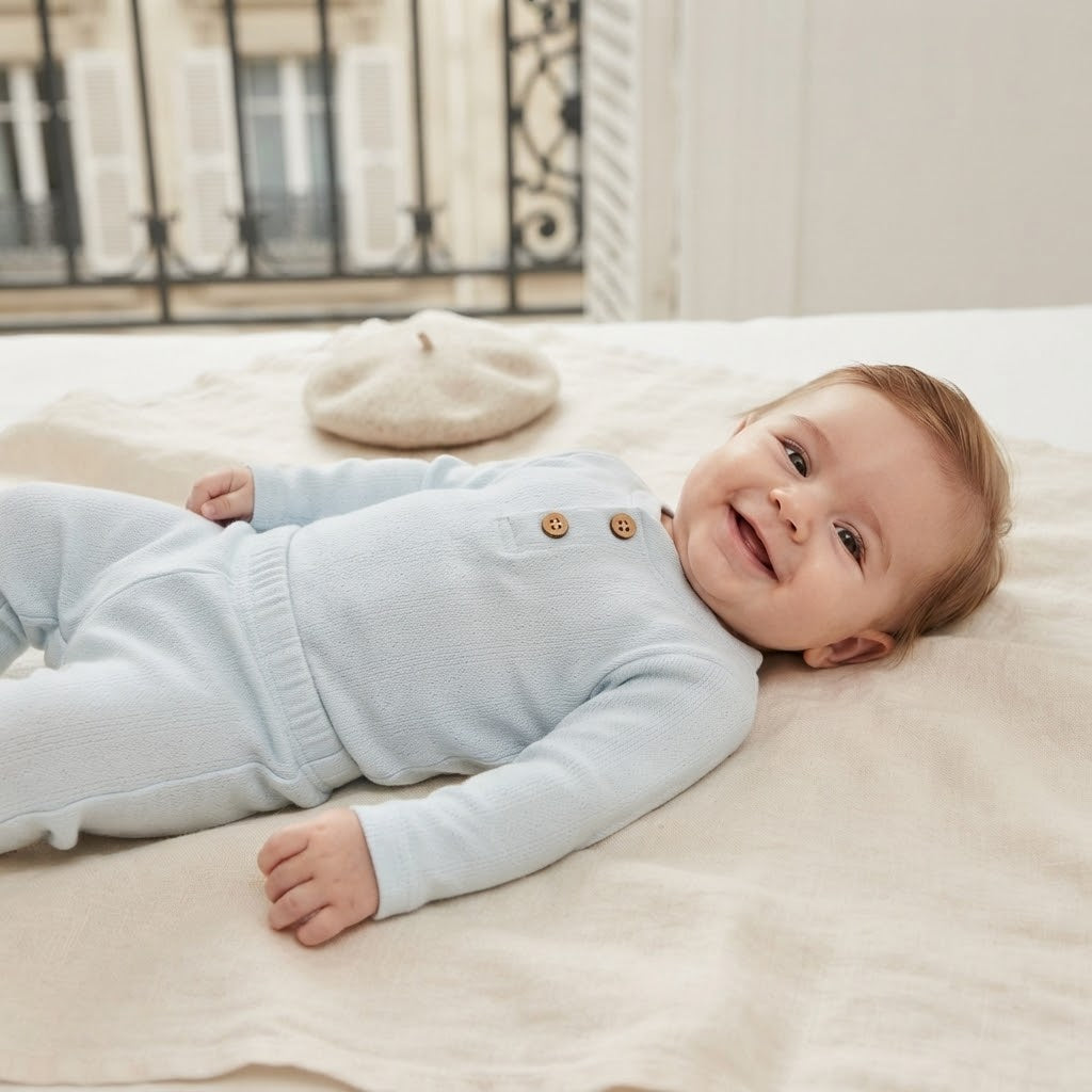 Cloud Island Powder Blue Long Sleeve Pointelle Bodysuit + Pants Matching Set | 3-6m