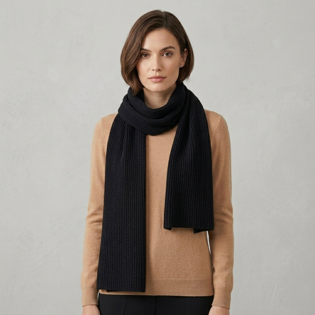 COS 100% Cashmere Black Ribbed Knit Shawl Scarf